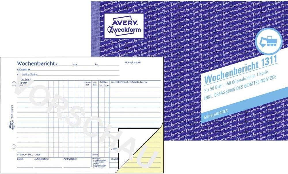 AVERY Zweckform 1311 Weekly Report (A5 Landscape, with 2 Sheets of Blue Paper, Tested by Experts, for Germany/Austria for Weekly documentation of Work, 2 x 50 Sheets) White/Yellow