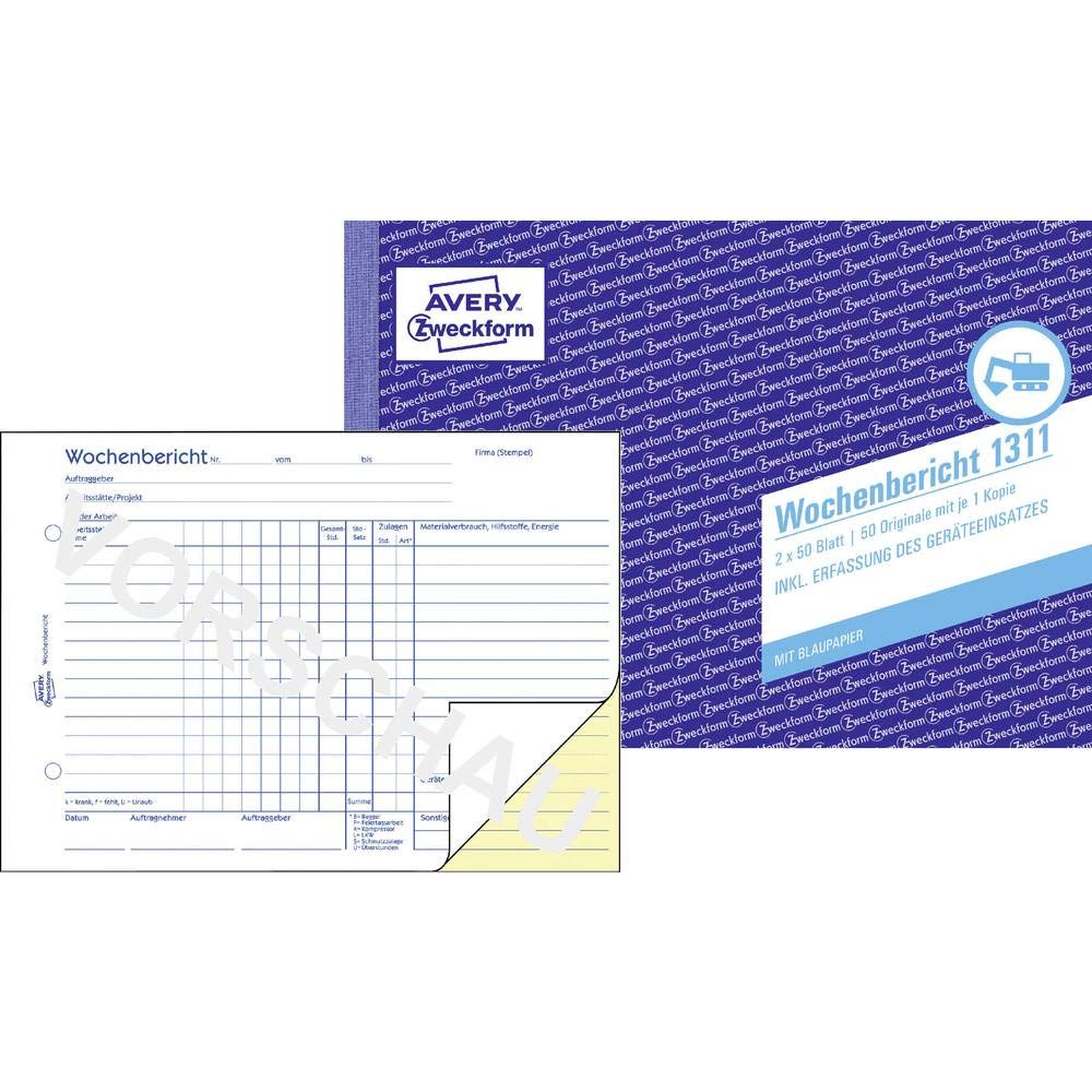 AVERY Zweckform 1311 Weekly Report (A5 Landscape, with 2 Sheets of Blue Paper, Tested by Experts, for Germany/Austria for Weekly documentation of Work, 2 x 50 Sheets) White/Yellow