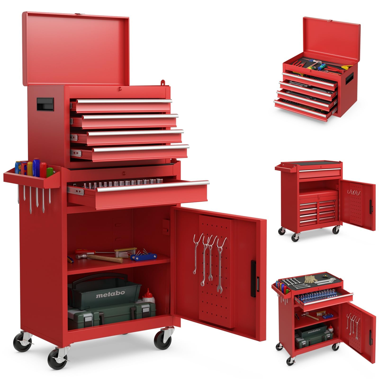 FANTASK Carrello portautensili 2 in 1 su ruote, carrello da officina con chiusura a gancio, 8 scomparti e valigetta e ripiano regolabile, senza attrezzi, carrello professionale in metallo, portata 100
