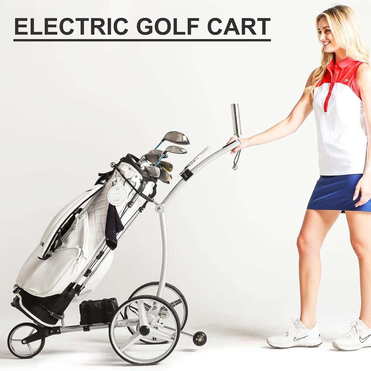 Portable Foldable Golf Bag Caddy 3 Wheel Electric Golf Push Cart with Remote Control, with Phone Holder/Cup/Umbrella Holder, Stainless Steel Golf Cart
