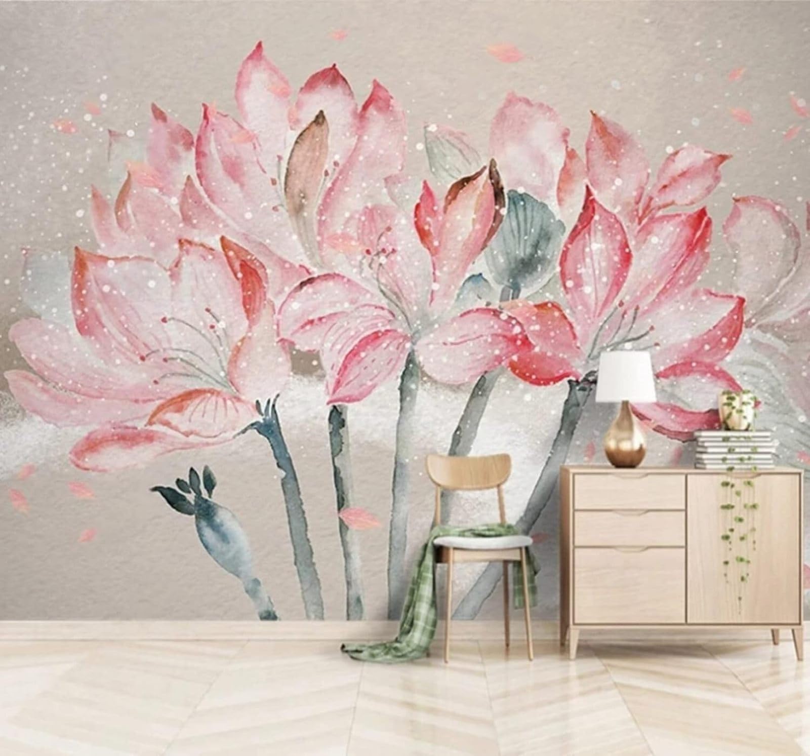 Retro Hand Painted Watercolour Pink Lotus 3D Wallpaper Easy Install Feature Office Living Room Sofa Bedroom TV Background Wall Decoration-150cm×105cm