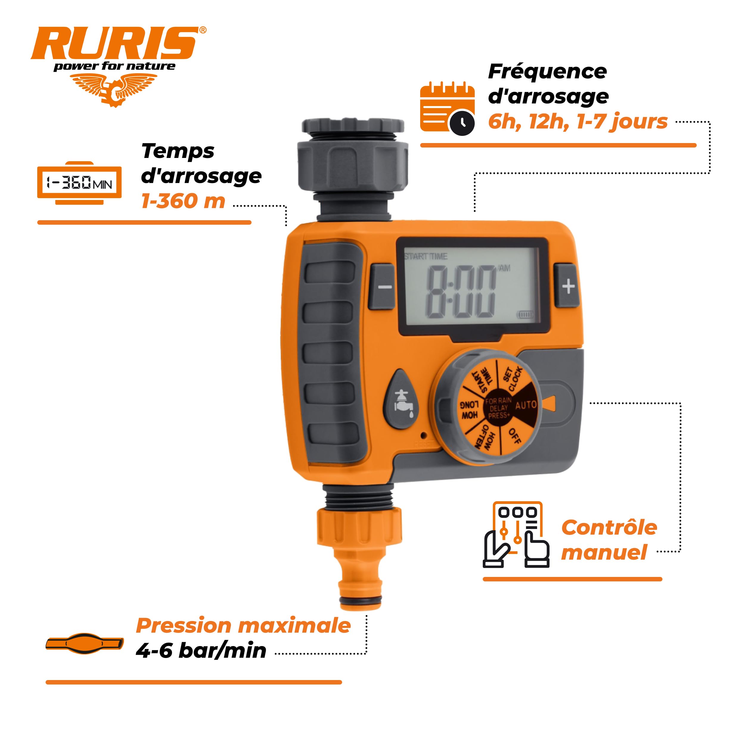 RURIS DIG612 - Programador de riego Digital (Pantalla LCD, Temporizador, 1-360 min, frecuencia 6h-7 días, presión 4-6 Bar, Reductor G3/4 y Adaptador G1 Incluido