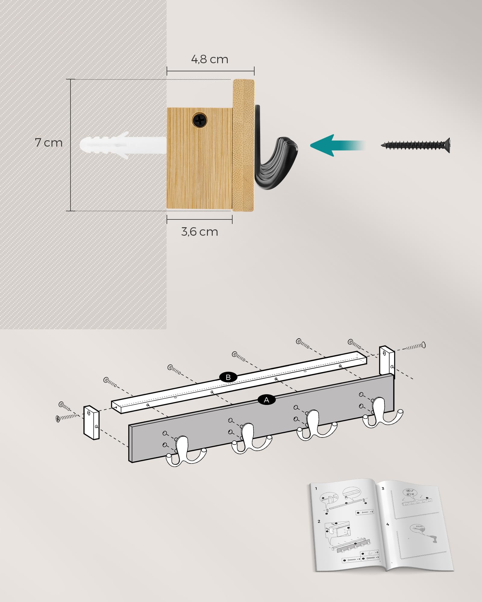 SONGMICS wieszak ścienny, wieszak ścienny z półką, 4 podwójne metalowe haczyki, oszczędność miejsca, do przedpokoju, sypialni, nośność 16 kg, naturalny beż LCR006N01