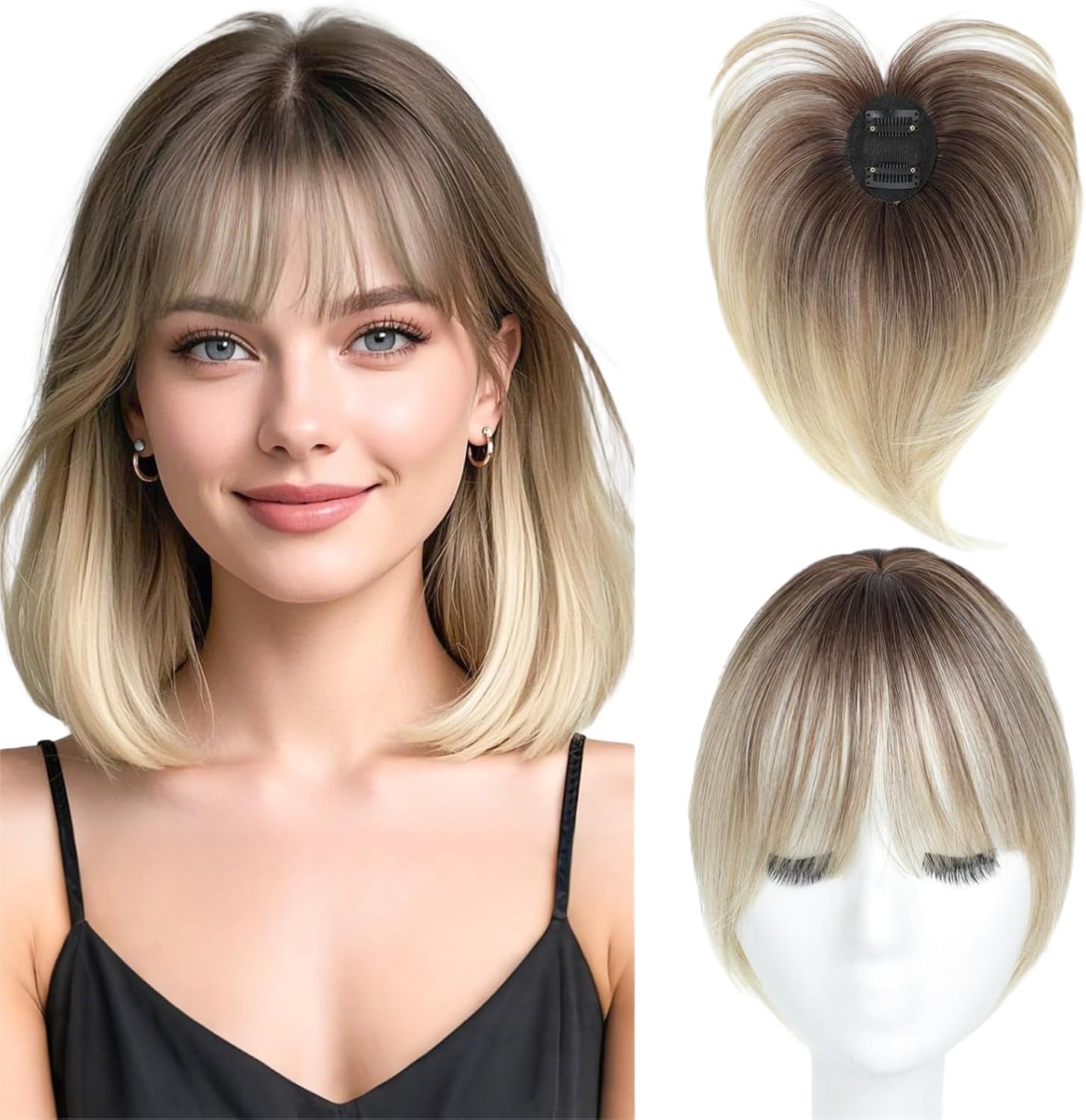 Nakładka na włosy z grzywką, Clip Cover Hair Toppers for Women Extensions with Thinning Hairs, 40 cm, proste klipsy do włosów (RT6/27/613)