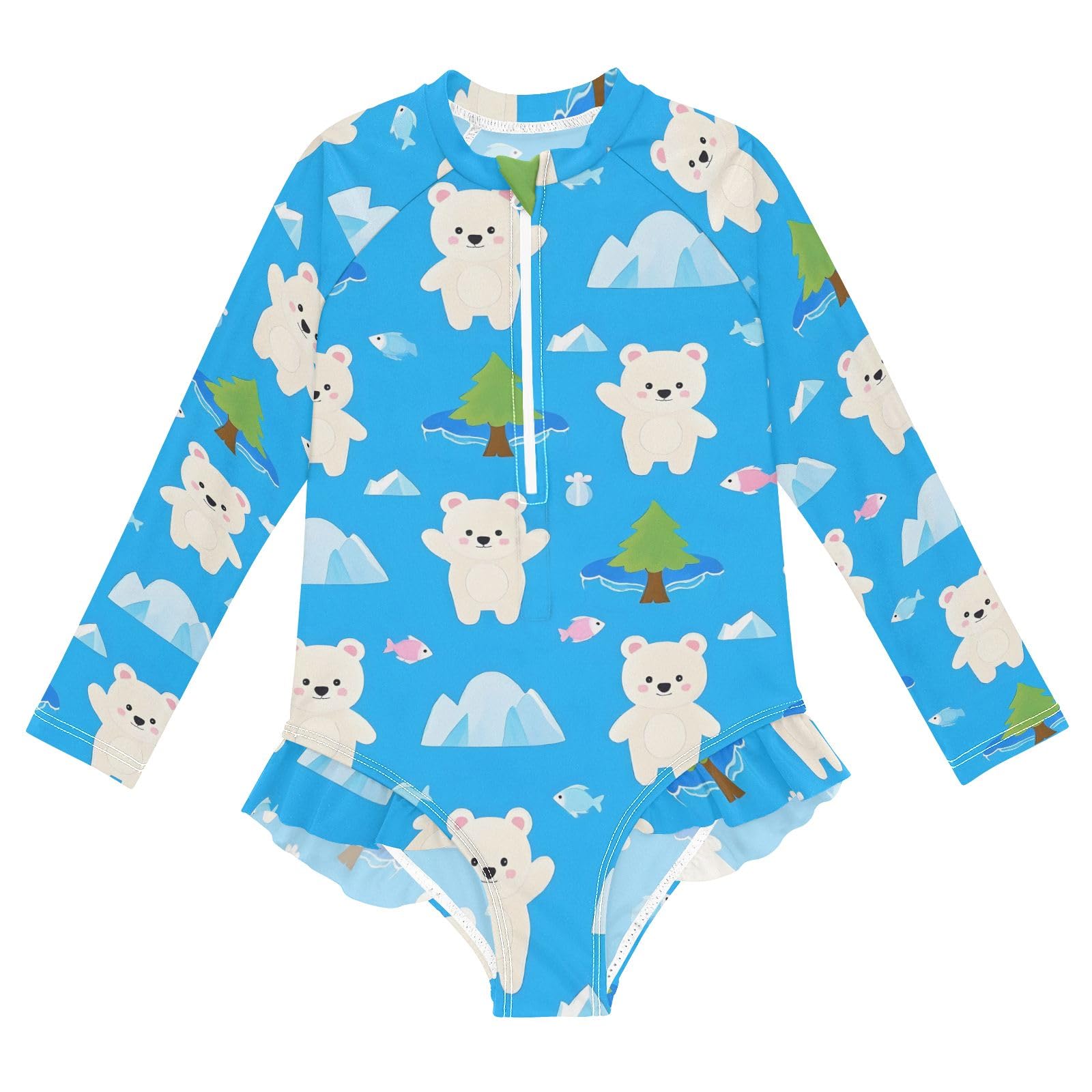 ALAZA Swimsuit for Girls Long Sleeve Rashguard Bathing Suit White Bear Iceberg Quick Dry 4T