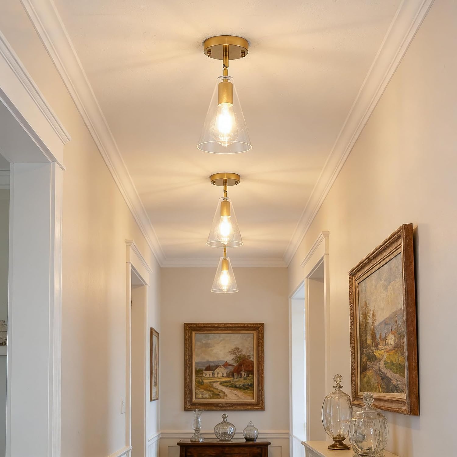Dijiahua Gold Pendant Lights Kitchen Island 3 Pack, Modern Hanging Island Pendant Lights Over Sink with Clear Glass Shade,Small Chandeliers Adjustable Metal Tube Hanging Lighting for Table Bedroom