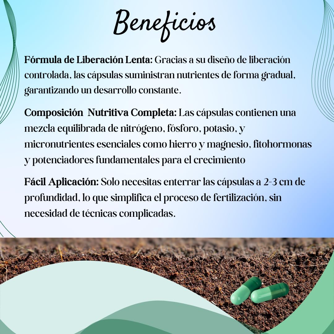 Natur Cápsulas de Abono para Raíces, Potenciador del Crecimiento, Abono Completo con todos los Nutrientes para Plantas de Interior, Exterior y Jardín, 100 Pastillas.