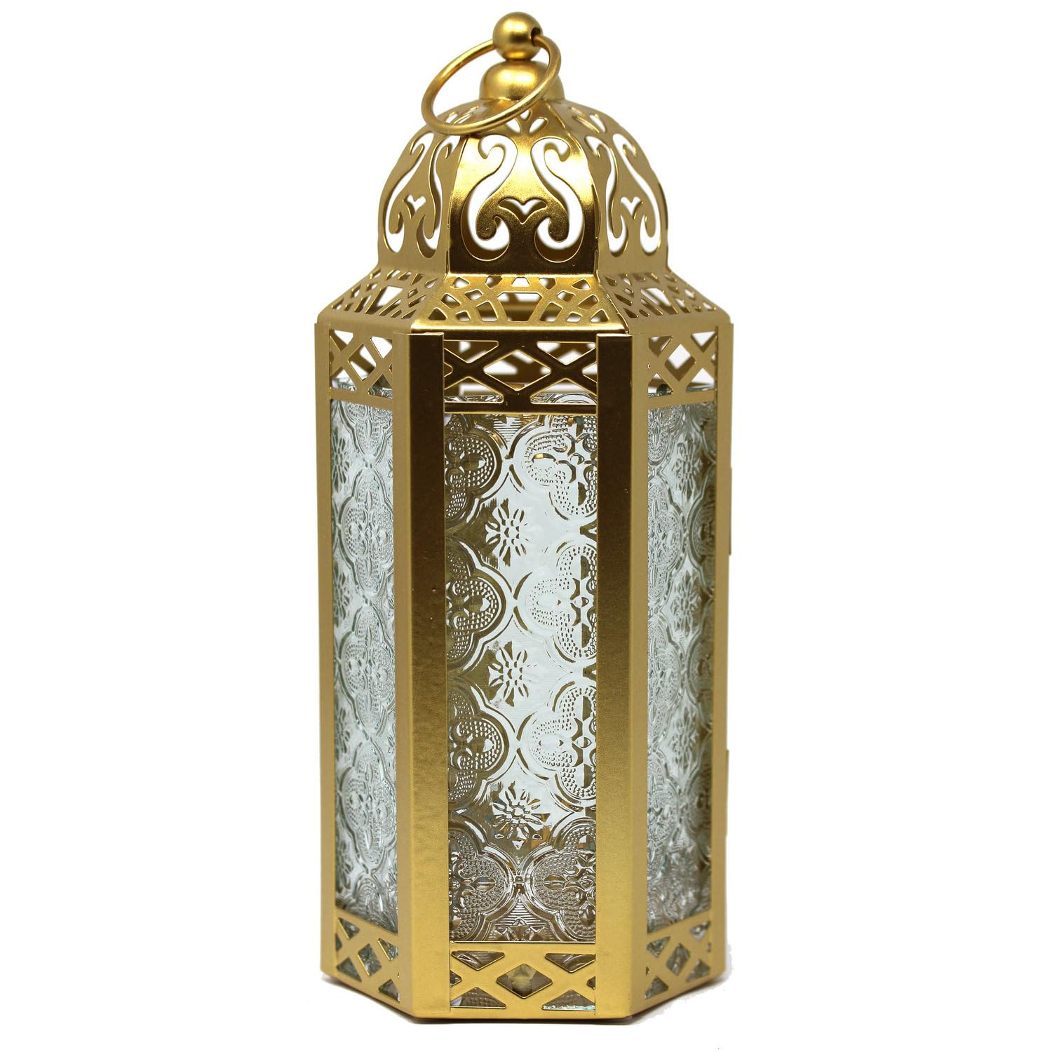 VELA LANTERNS 10.5" Gold Moroccan Candle Lantern Decorative Candle Holder Lamp for Table or Hanging, Ramadan Decorations, Indoor Home Decor, Outdoor