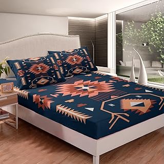 Southwest American Fitted Sheet Twin Size Indian Tribal Aztec Style Deep Packet Sheet Vintage Navy Blue Red Bedding Set 2pcs for Kids Teens Adults Room Decor Abstract Art Sheet Set,1 Pillowcase
