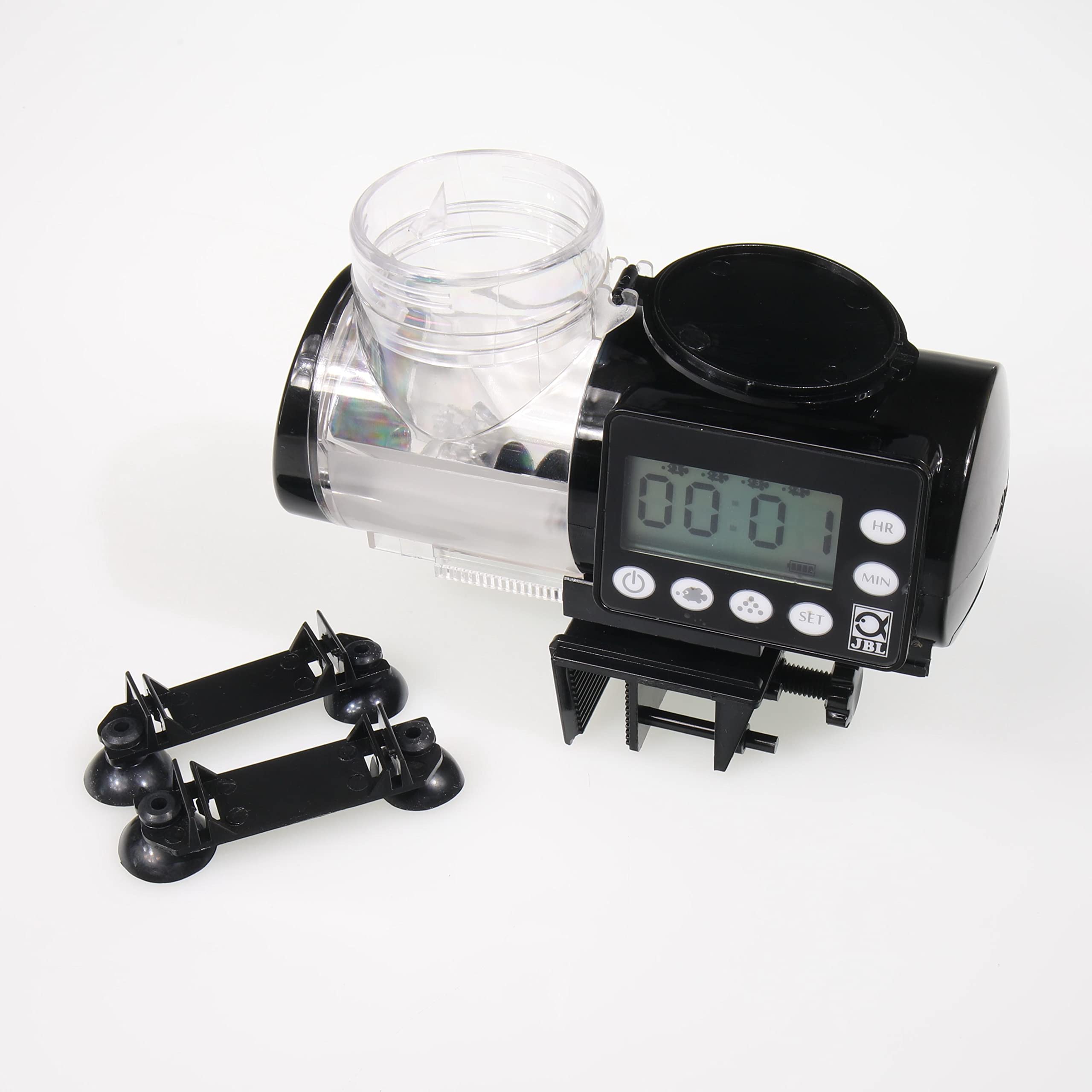 JBL PRONOVO AUTOFOOD, Futterautomat für Aquarium, Fütterung mit Fischfutter-Granulat bis zu 4x täglich, Inkl. Halterung und Adapterring zur Erweiterung des Volumens auf 375 ml, Schwarz