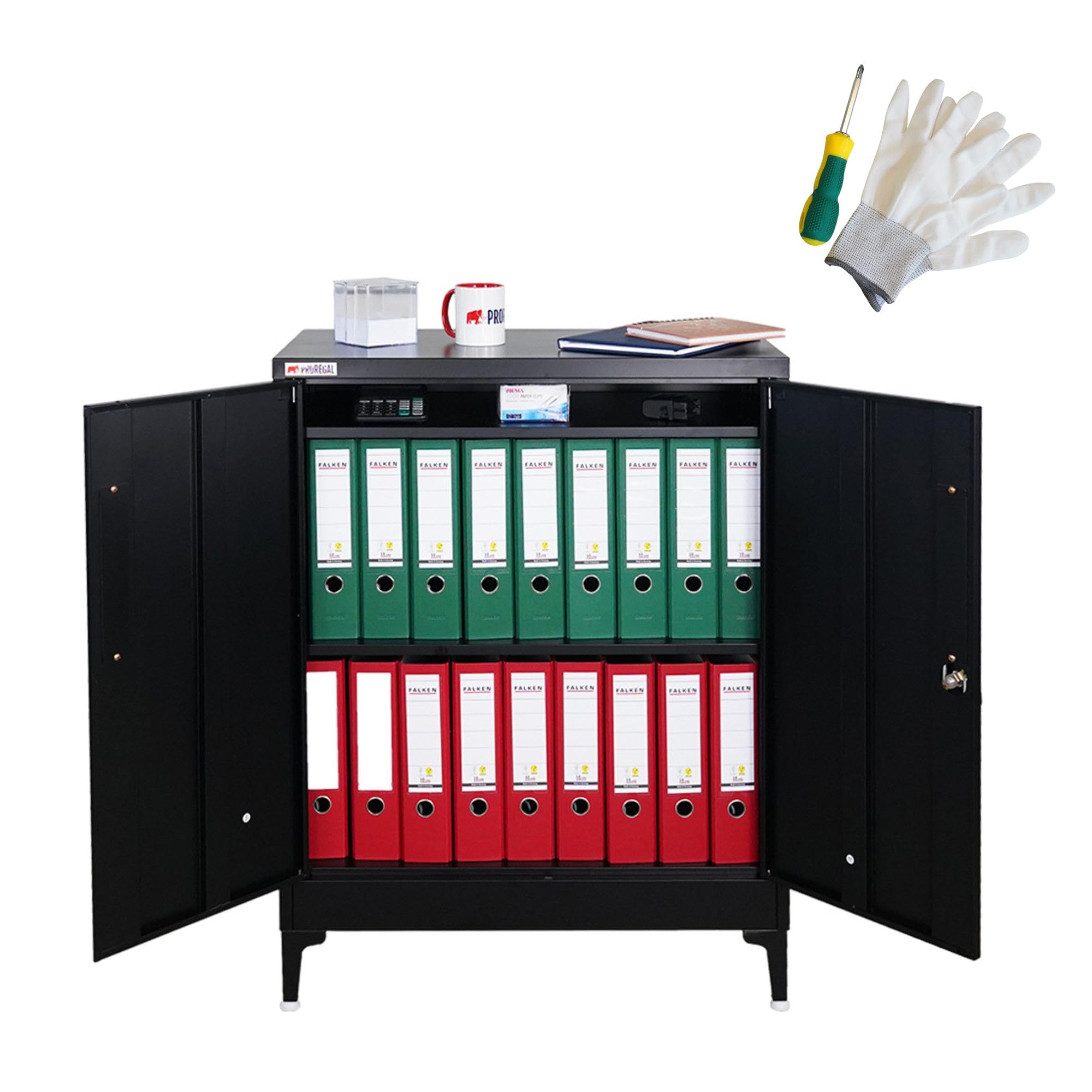 PROREGAL Aktenschrank Elephant abschließbar aus Metall mit Beinen & 2 Türen 80 cm breit 2 Ebenen Schwarz Mehrzweckschrank 103x80x40cm Büroschrank Metallschrank Aufbewahrungsschrank Ordnerschrank
