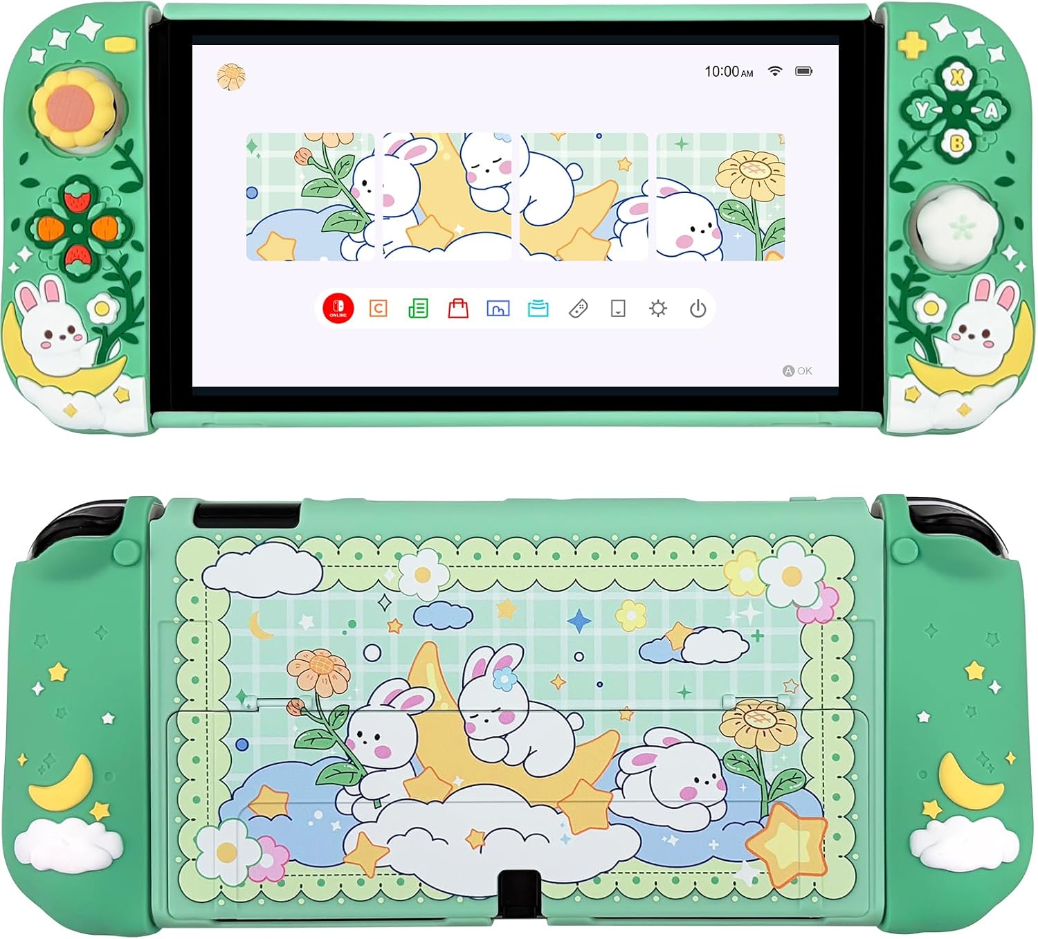 Protective Case for Nintendo Switch OLED, Hard Back Shell + 2 Silicone Ergonomic Controller Covers + 2 Thumb Grips Caps, Cute Rabbit and Flower Cover, Green