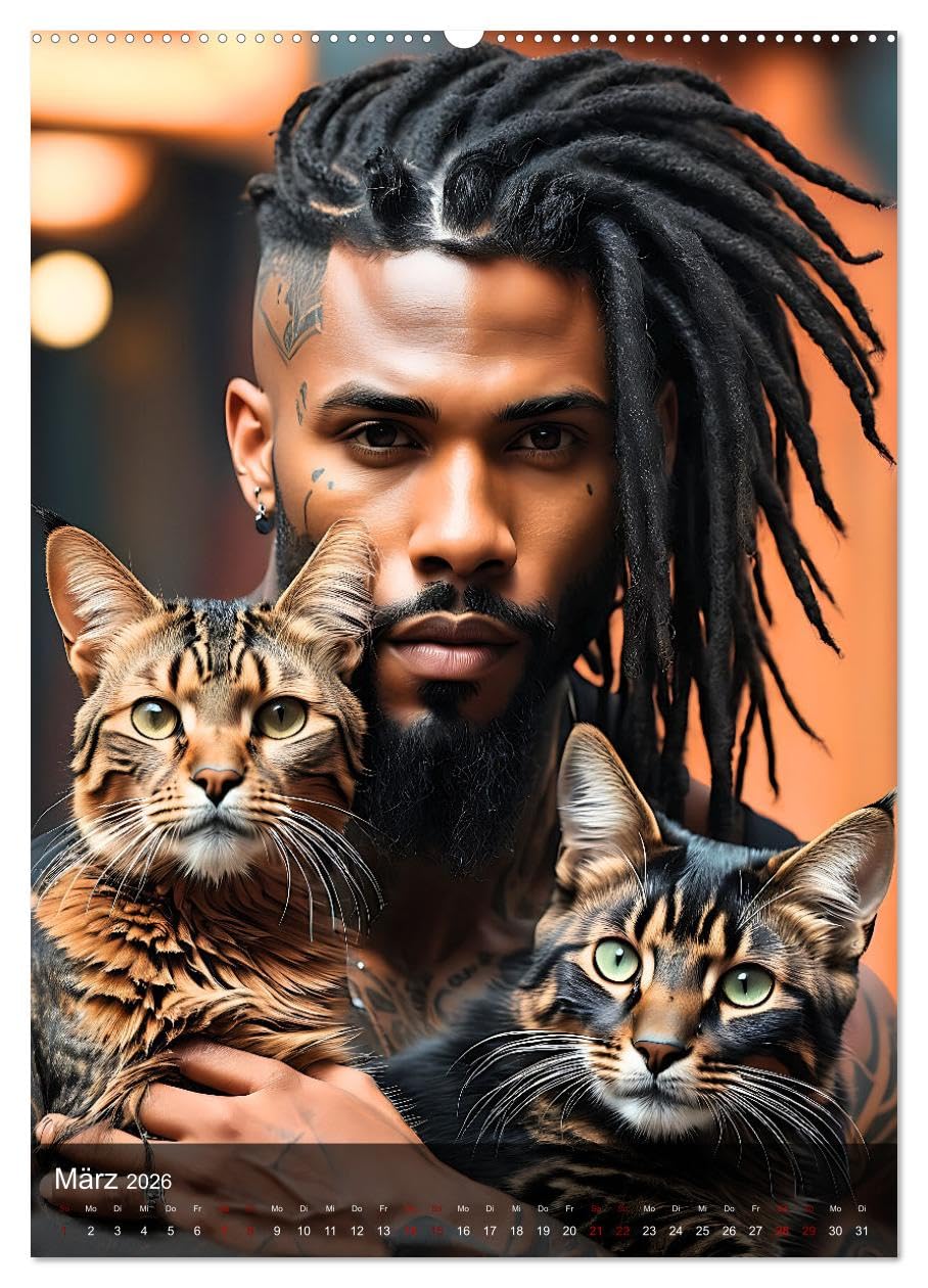 Verschmuste Kerle - Muskeln, Tattoos und Miezekatzen (hochwertiger Premium Wandkalender 2026 DIN A2 hoch), Kunstdruck in Hochglanz: Charmante Bilder ... unwiderstehlichen Samtpfoten (CALVENDO Tiere)