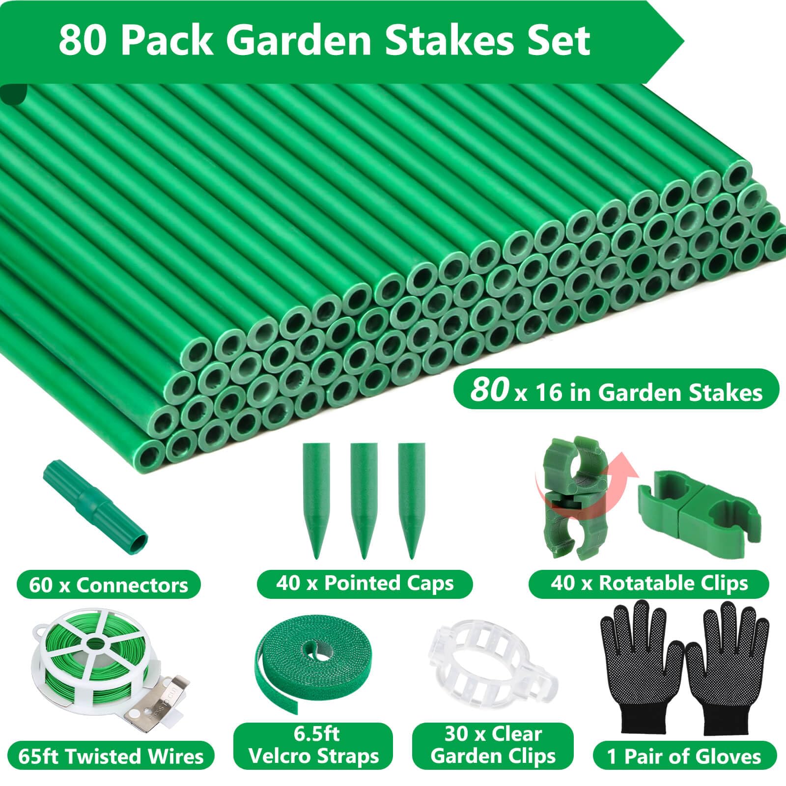 Lot de 80 piquets de jardin (40,6 cm chacun), piquets pour plantes d'intérieur robustes pour la culture de plantes grimpantes et de fleurs, piquets à tomates, piquets à orchidées et clips pour cages à