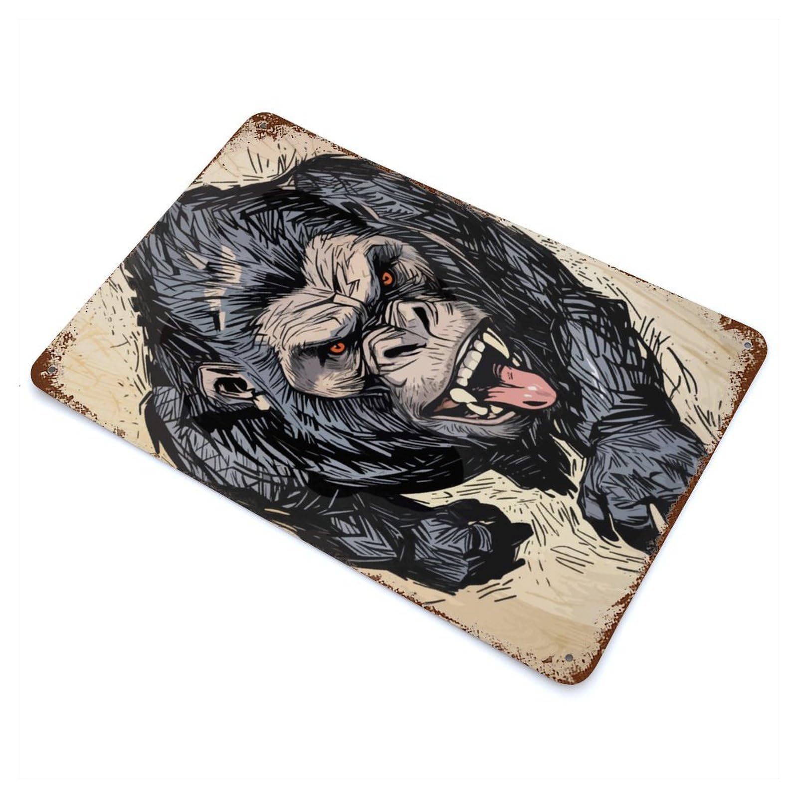 Angry Sabertooth Gorilla Illustration 11.8"x7.9" Vintage Rust Metal Sign, Shabby Chic Decor for Garage, Bar And Workshop Decor