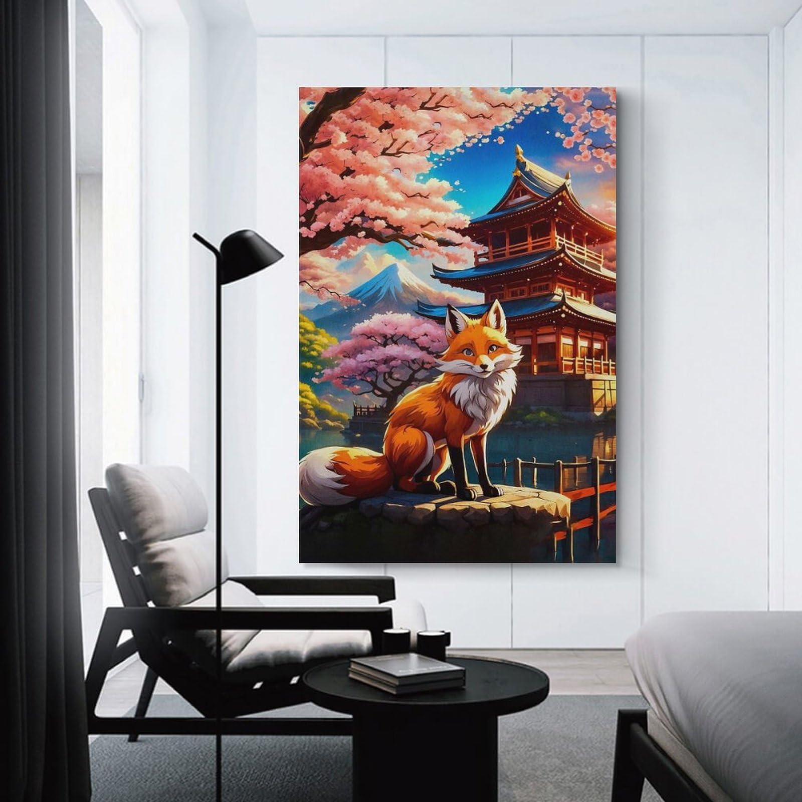 Junmoney Unframe-Style-10 Decorative Wall Artwork Sakura Kitsune Fox, 20X30inch(50X75cm), For New Homes, Bedrooms Or Workspaces, Canvas Artwork With Gifting Potential