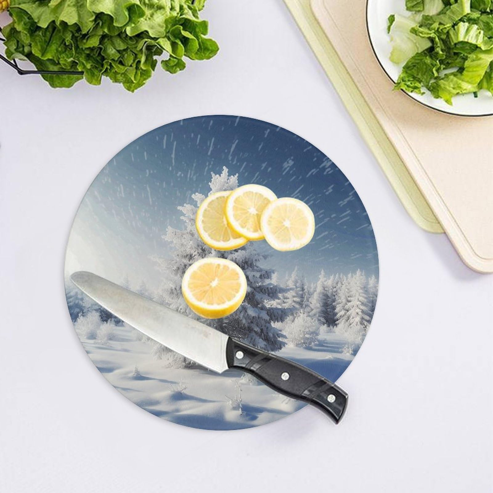 Tagliere rotondo natalizio con albero di pino neve, facile da pulire, taglieri per cucina di grandi dimensioni 7,9, taglieri essenziali da cucina, comodo per carne e verdure