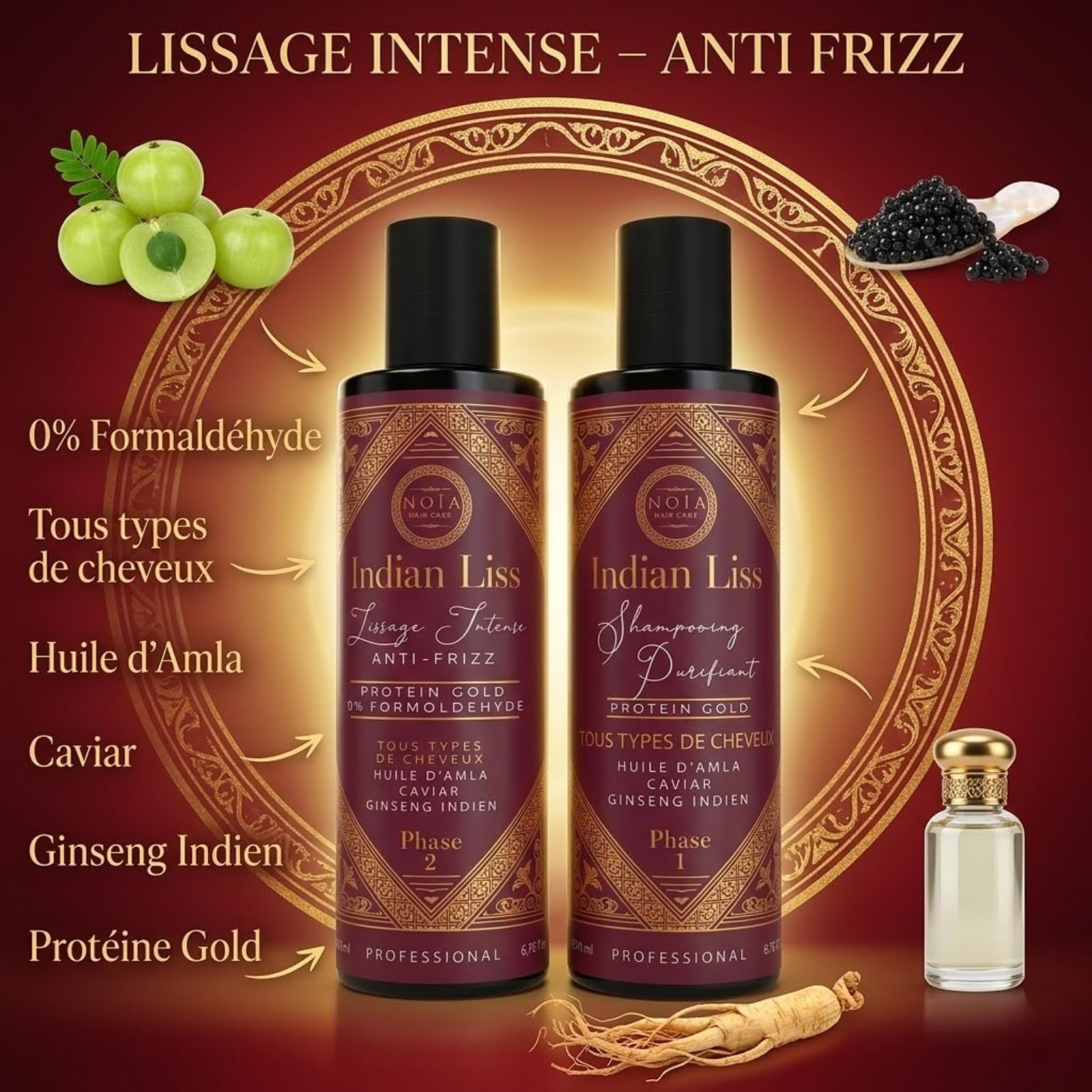 Noia Hair Indian Liss – Lissage Indien Professionnel 2 Étapes – Shampooing Purifiant + Soin Lissant Anti-Frizz – Kératine, Huile d’Amla & Ginseng – Cheveux Lisses, Brillants – 250 ml