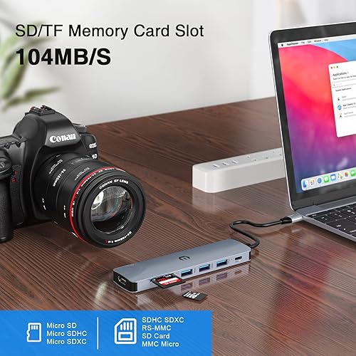 Miniatura 5 de TOTU Hub USB C 7 en 1 con HDMI 4K, adaptador USB C multipuerto con 3 puertos USB 3.0, 100 W PD, compatibilidad SD/TF, ideal para MacBook, Surface