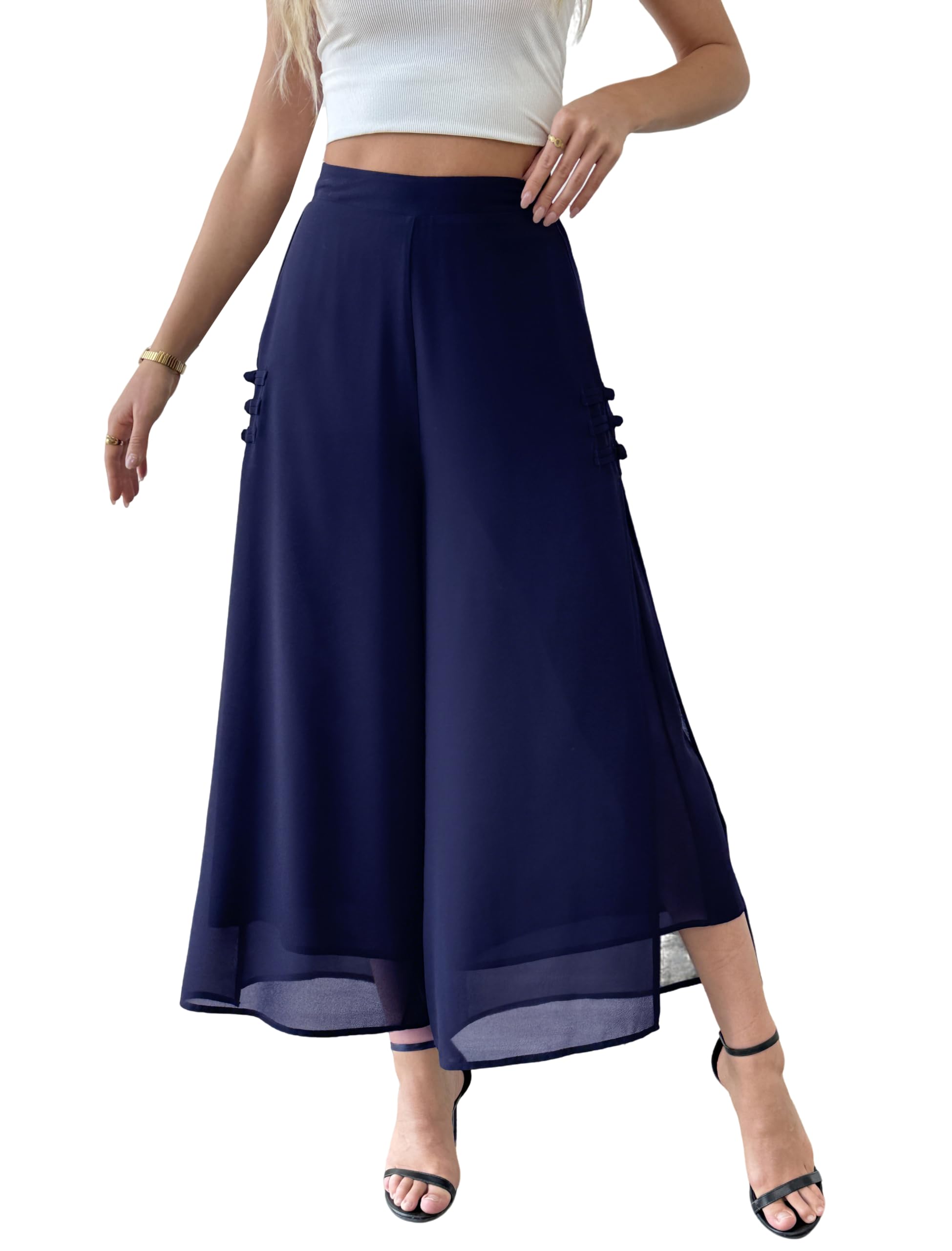 Womens Summer Capris Culottes Chiffon Wide Leg Palazzo Pants Pull on Side Split Trouser Beach Outfit