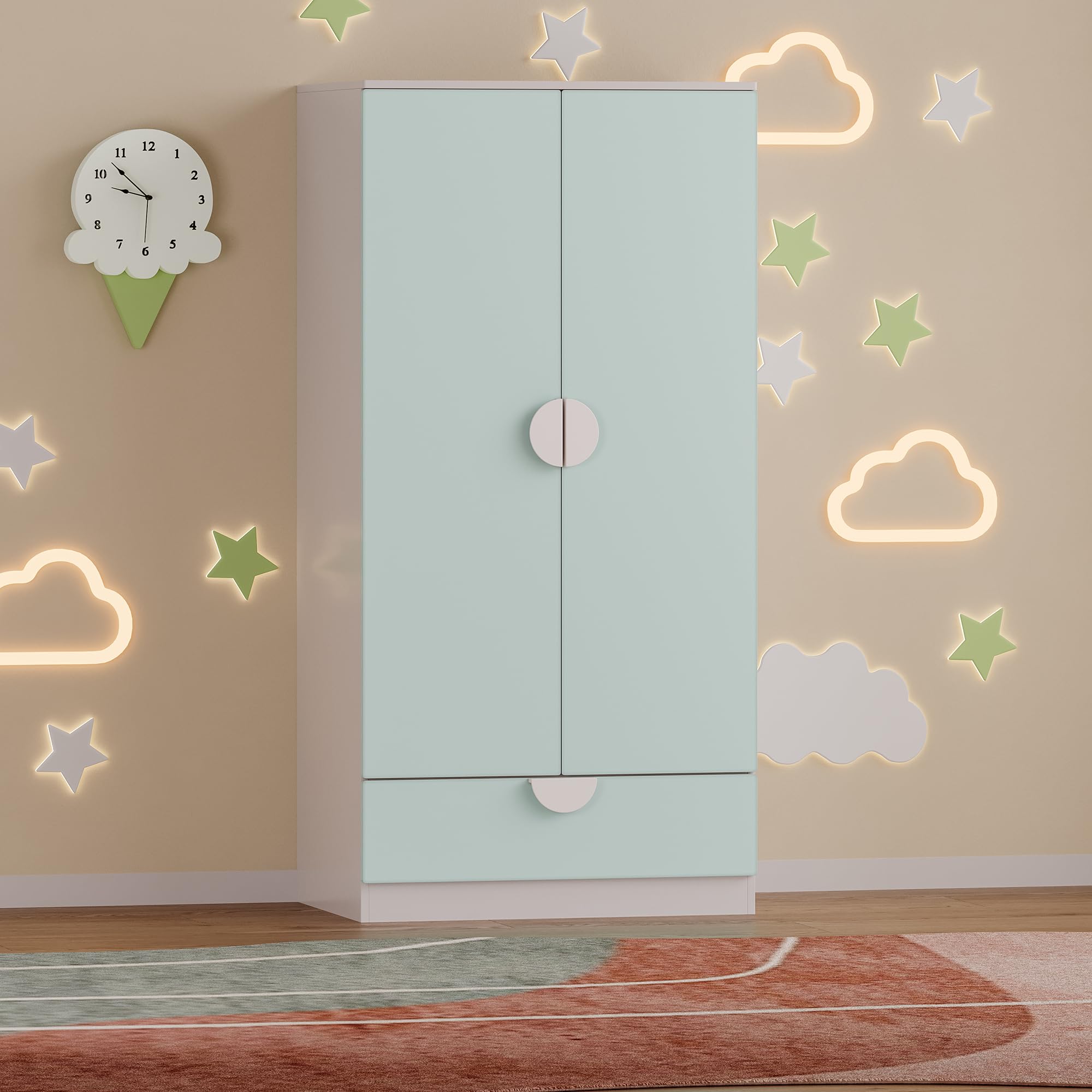 [en.casa] Armoire pour Enfants avec 2 Portes avec Poignées Centrales Barre de Penderie Tiroir Dressing Rangement MDF Panneau de Particules 123 x 60 x 40 cm Blanc Vert Menthe