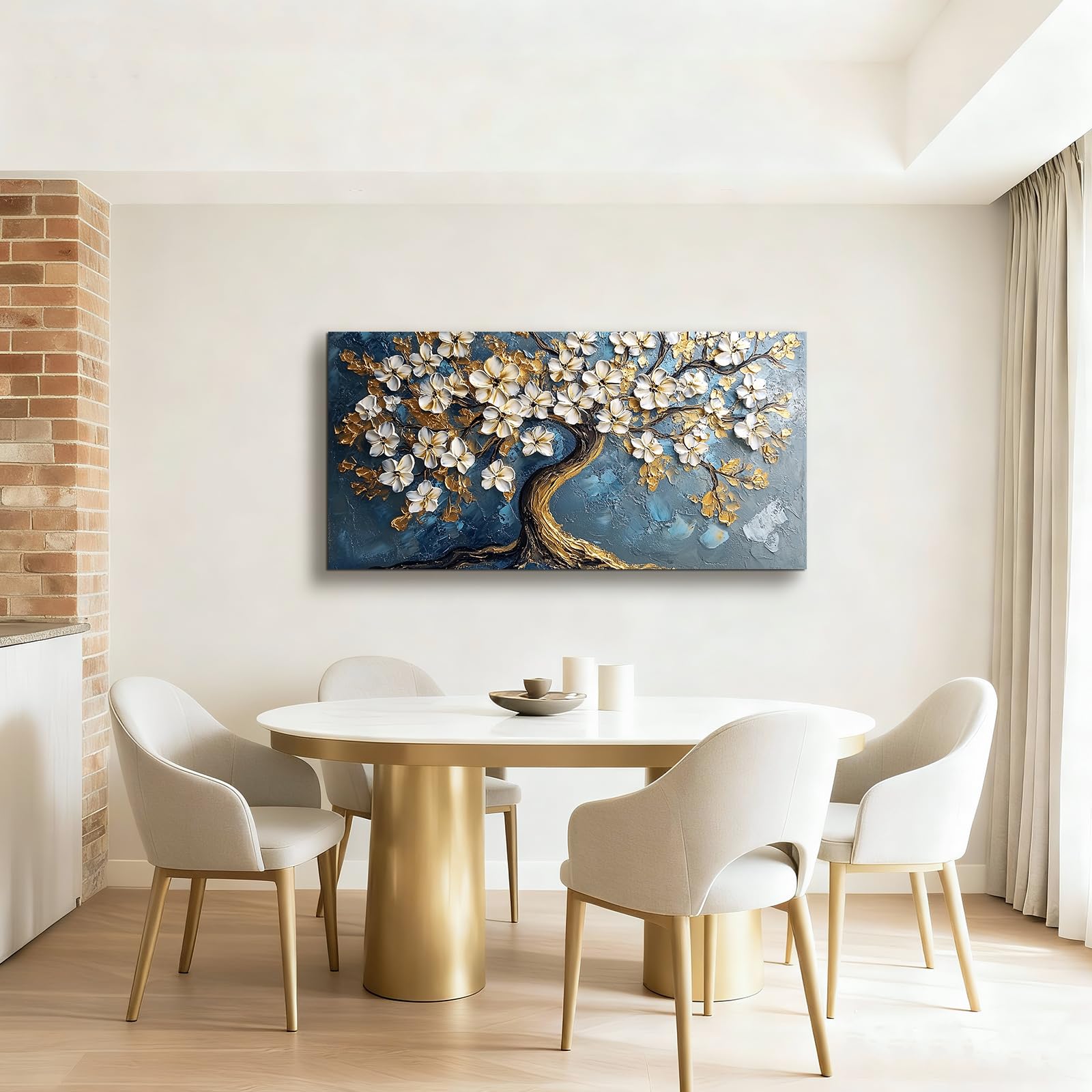 JHHUAMO Leinwand Bilder Groß, Modernes Wohnzimmerbilder, Weiße Blumen auf dem Baum des Lebens Ölgemälde, Wanddekoration Ästhetisches für Schlafzimmer Büro Treppe Esszimmer Arbeitszimmer Flur 73x146 cm