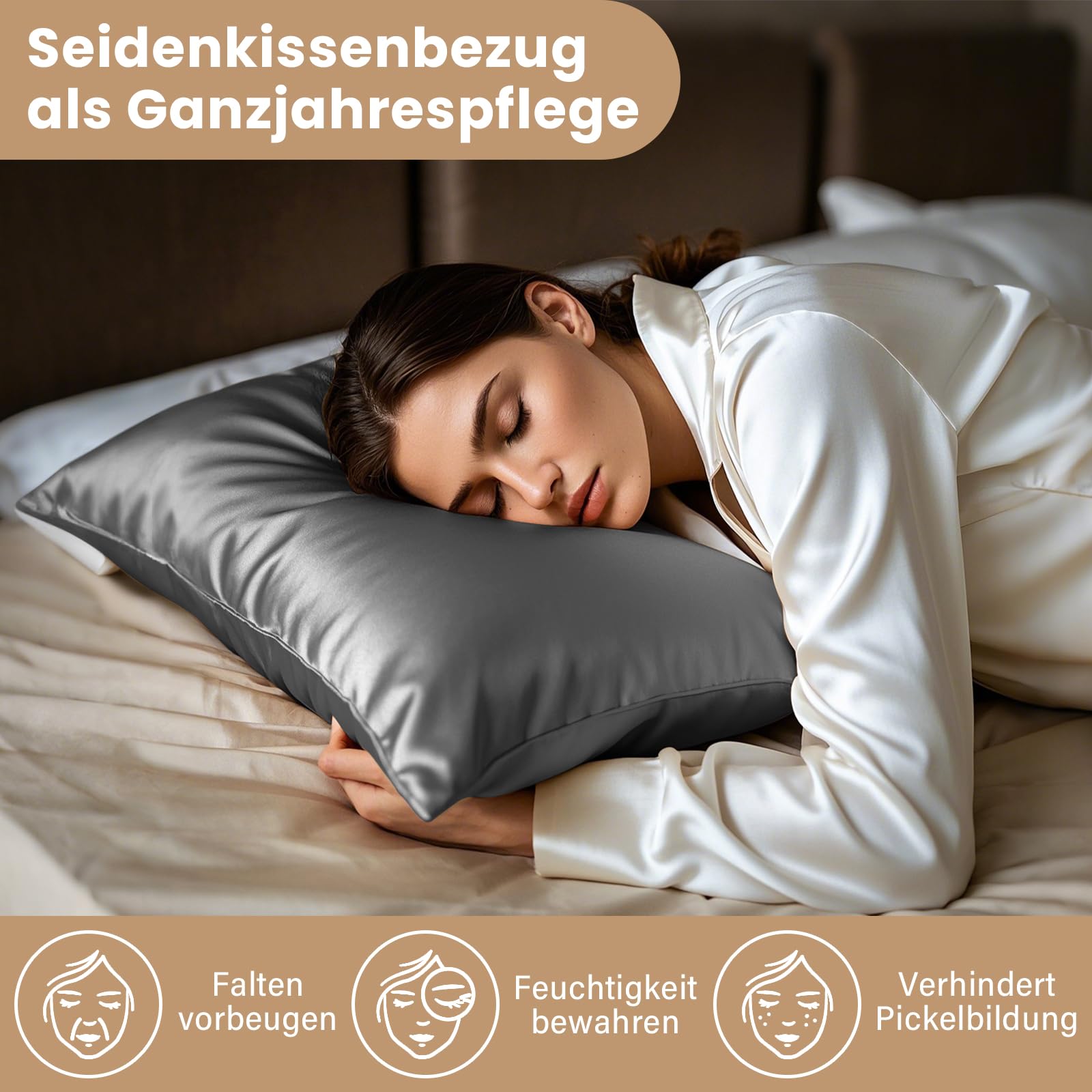 Muama Funda de almohada de seda de 40 x 145 cm, fundas de almohada de seda de morera, funda de almohada para cabello y piel con cremallera oculta, 1 pieza, antracita