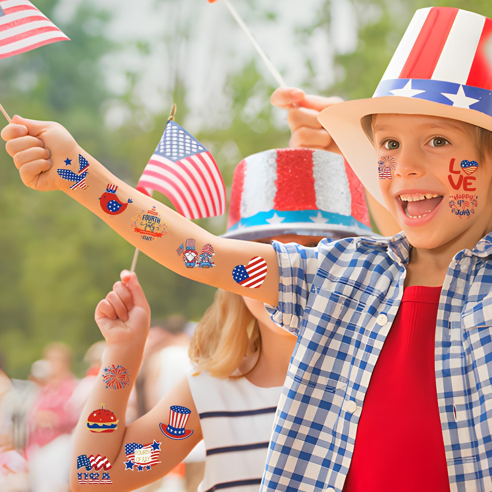 Lot de 180 tatouages temporaires du 4 juillet pour enfants – Drapeau américain patriotique rouge, blanc et bleu pour l'indépendance/commémoration/la fête du travail, accessoires de fête