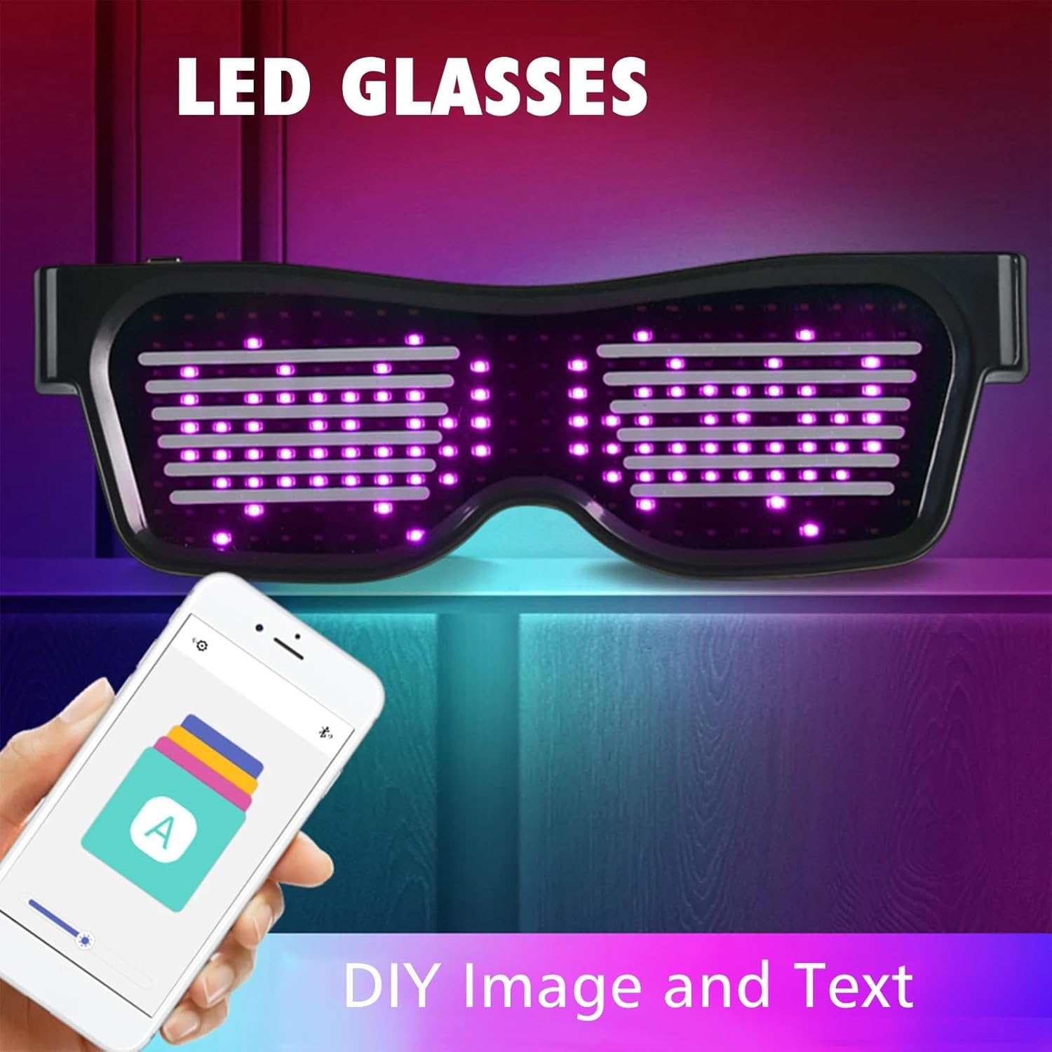 Enzemit LED Glasses displaying a pattern, with a hand holding a smartphone showing the 'Funky Glasses+' app interface for DIY image and text customization.
