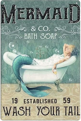 Cartel de metal divertido de sirena & Co. - Letreros de lata de jabón de baño para cafetería, sala de estar, baño, baño, decoración de pared para el