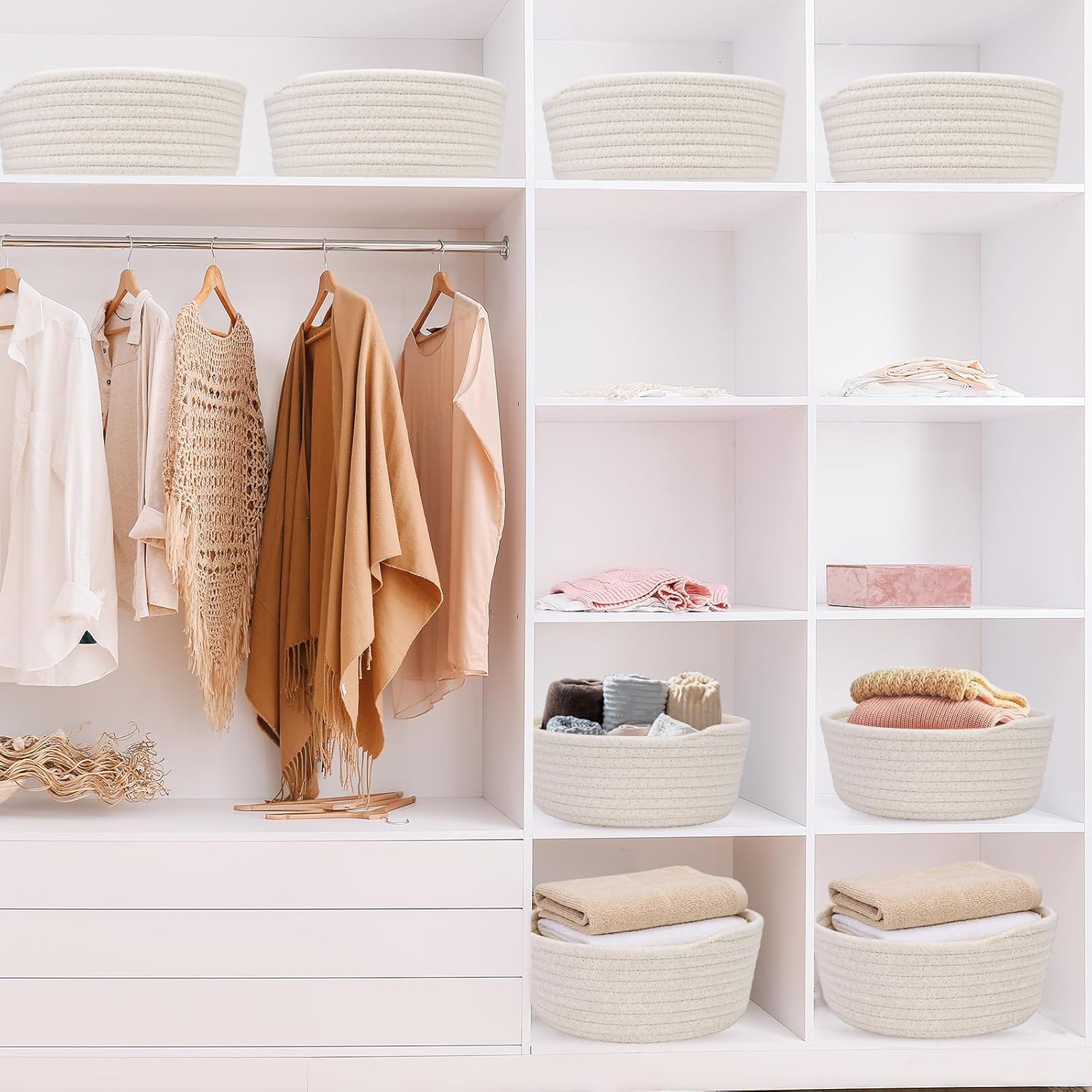 12 Pack Small Woven Storage Baskets with Gift Bag and Ribbon for Organizing Woven Natural Cotton Rope Bins Round Boho Empty Decorative Gift Chest Basket Box for Bathroom, Closet, Shelf Organizer (12)