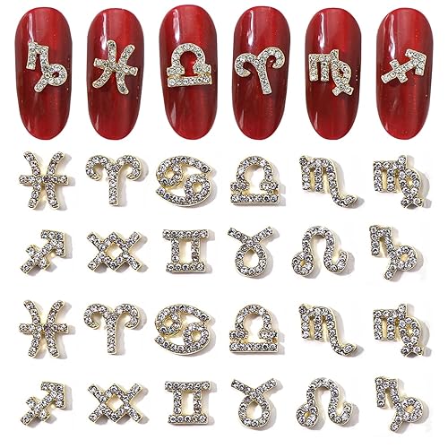 WOKOTO 24 dijes dorados del zodiaco para uñas de arte de uñas, dijes del zodiaco 3D para uñas acrílicas, joyas de uñas y diamantes de imitación de