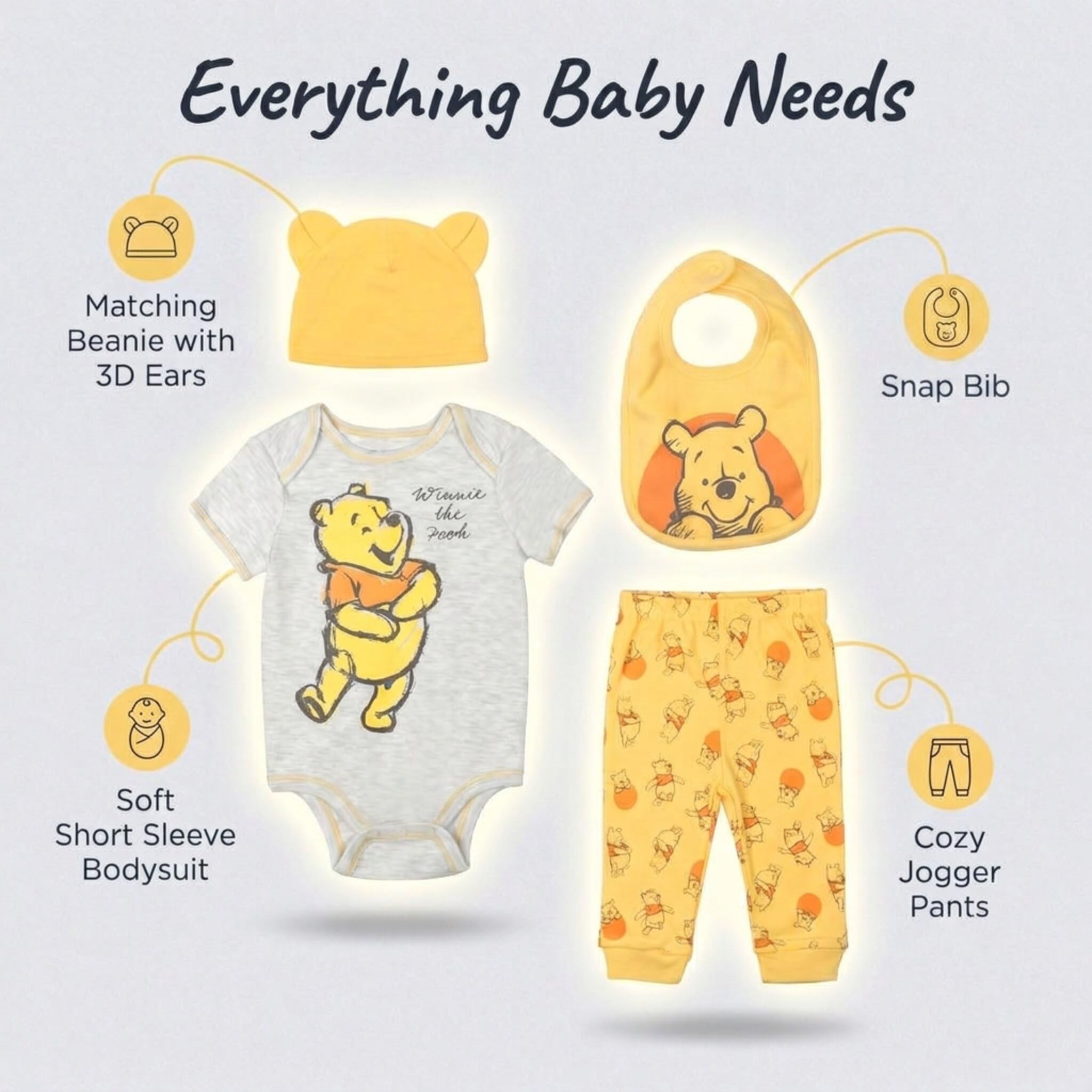 Disney Winnie Puuh Baby-Body, Hose, Lätzchen und Mütze, 4-teiliges Outfit-Set, Neugeborene bis Säuglinge
