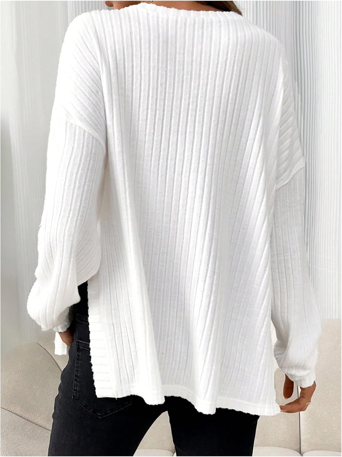MakeMeChic Women's Maternity Tee Shirt Long Sleeve Round Neck Split Hem Rib Knitted Pregnancy Tops - Image 2