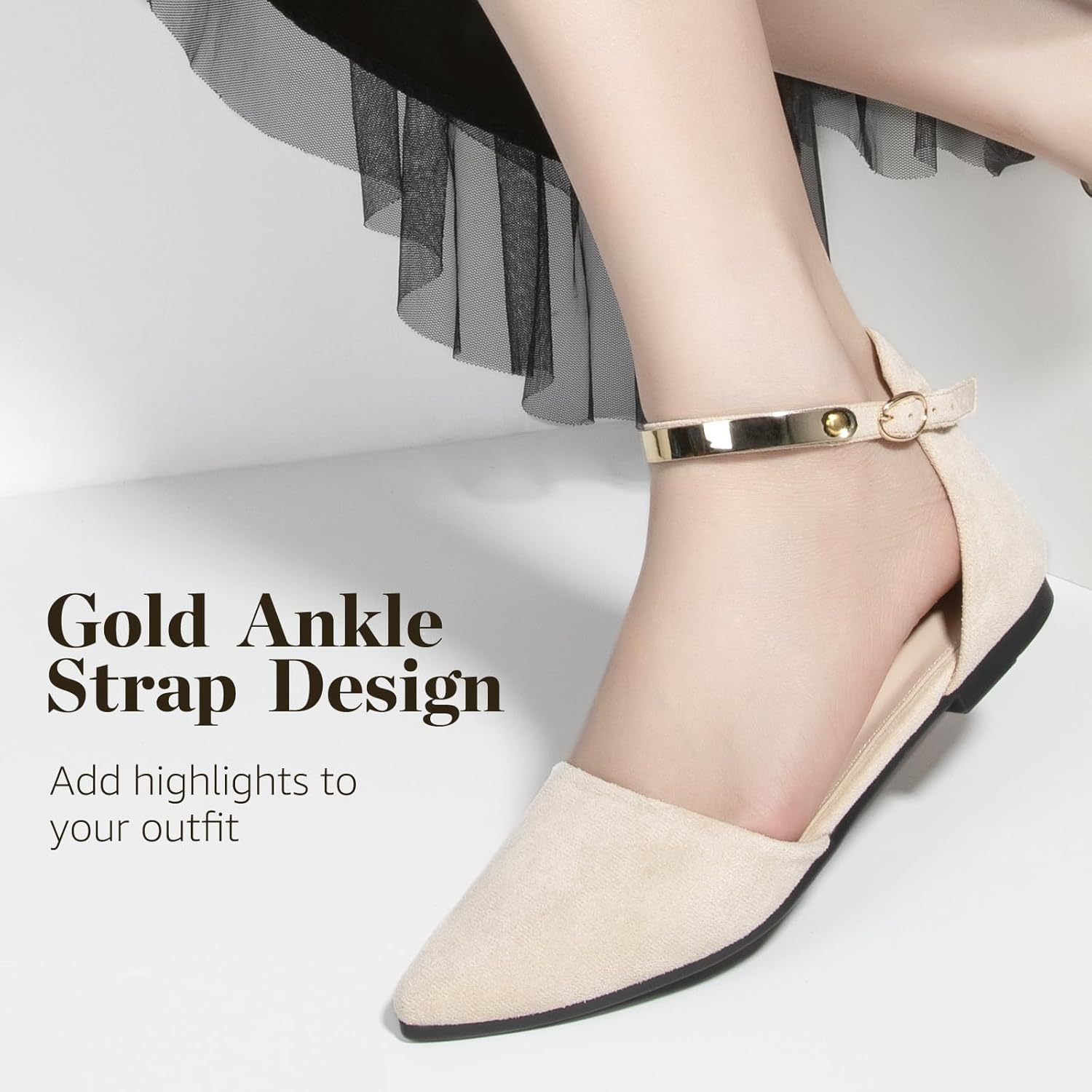 Zelaprox Women's Black Pointed Toe Flats Rhinestone Bow Ankle Strap Ballet Flats Comfortable Slip On Flats Light Weight Suede Dress Shoes - Image 3