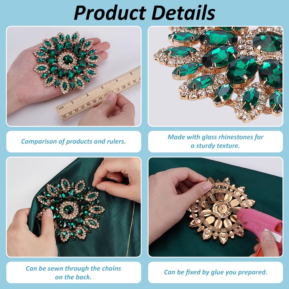 FINGERINSPIRE Green Round Glass Rhinestone Applique with Metal Chain Back 11cm Floral Rhinestone Patch Crystal Patch Flower Rhinestone Appliques for Wedding Bridal Wedding Dress DIY Garments - Image 3