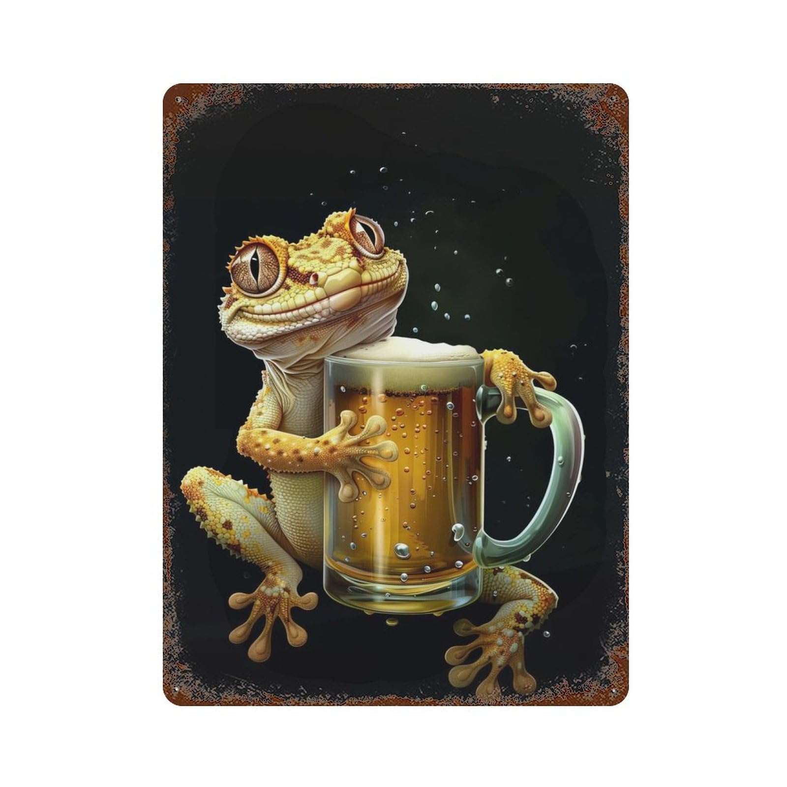 Garage Style Gecko Beer Rust Effect Tin Sign 15.7"x11.8", Industrial Home Decor for Bar And Workshop