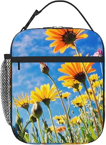 Yellow Flower Under The Sun Printed Lunch Bag With Side Pocket Lunch Box Insulated Soft Bag Thermal Meal Tote For Work Picnic