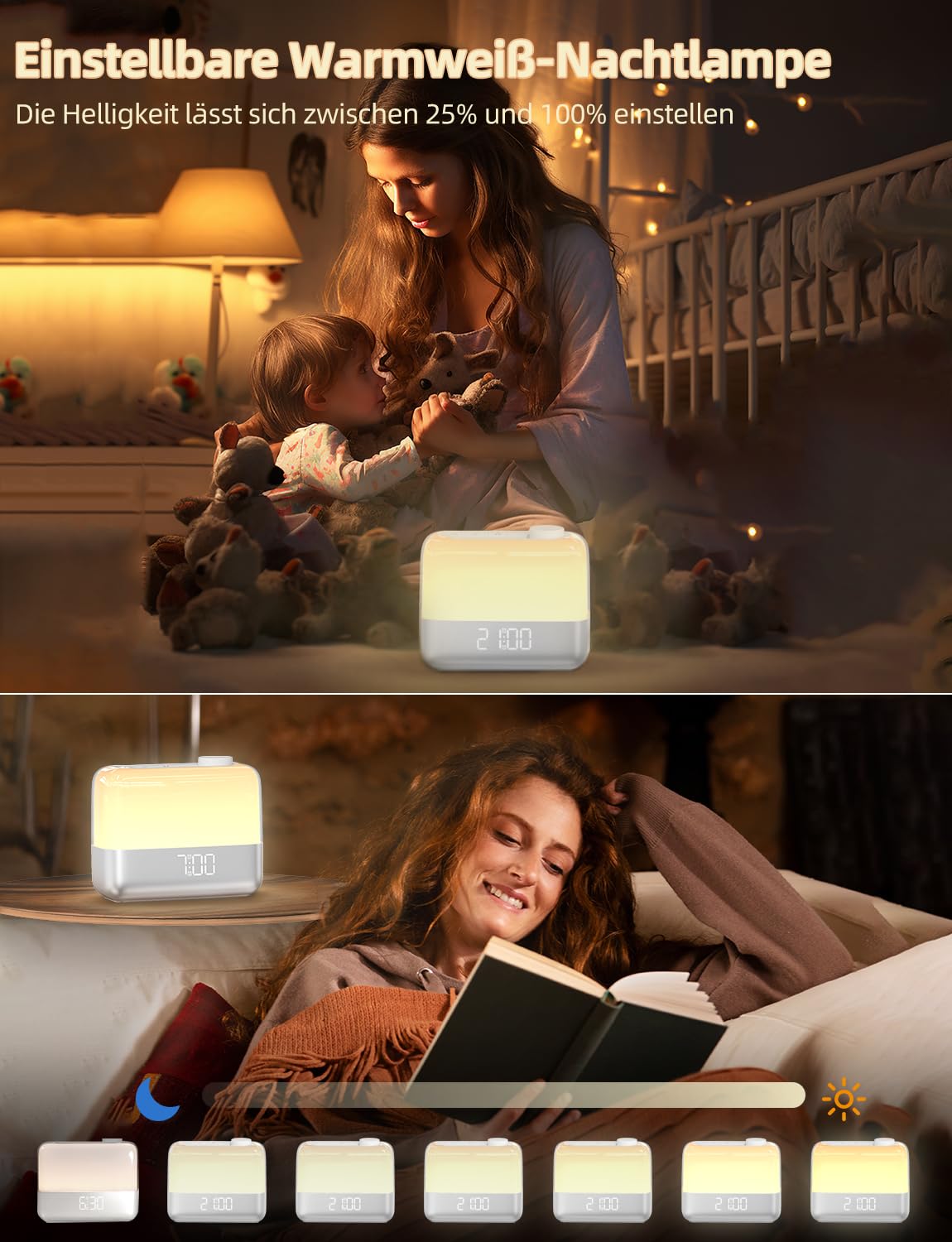 Sonnenaufgangswecker für Schlafzimmer: Wecklicht, RGB Nachtlicht, 9-Min Schlummer, 6 natürliche Klänge, 7 Lautstärken, wiederaufladbare Batterie, 2 laute Alarme für Schwerschläfer (Silber)