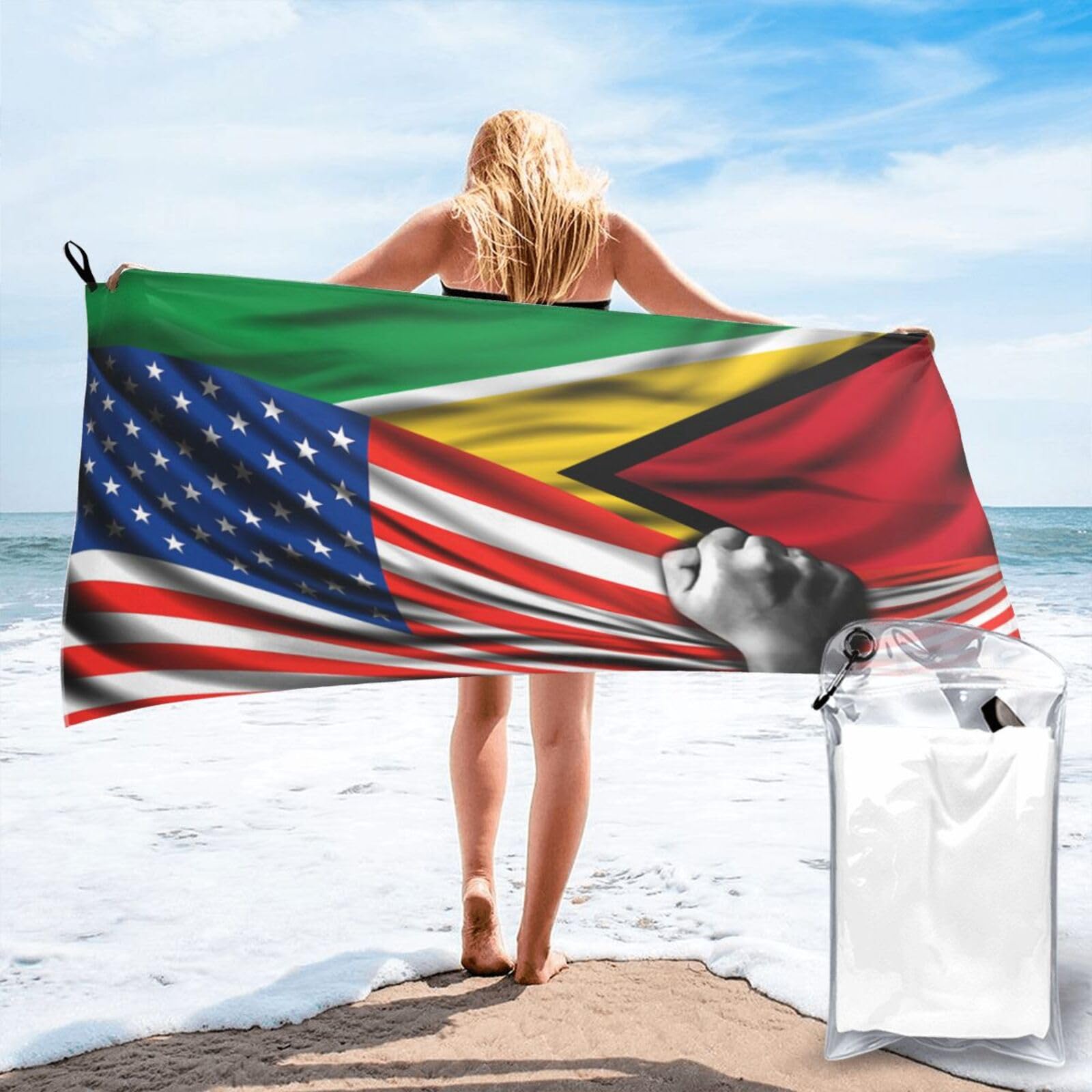 HACXZ Beach Towel America Flag and Guyana Guyanese Flag Microfiber Beach Towel Lightweight Absorbent 31.5"X63"