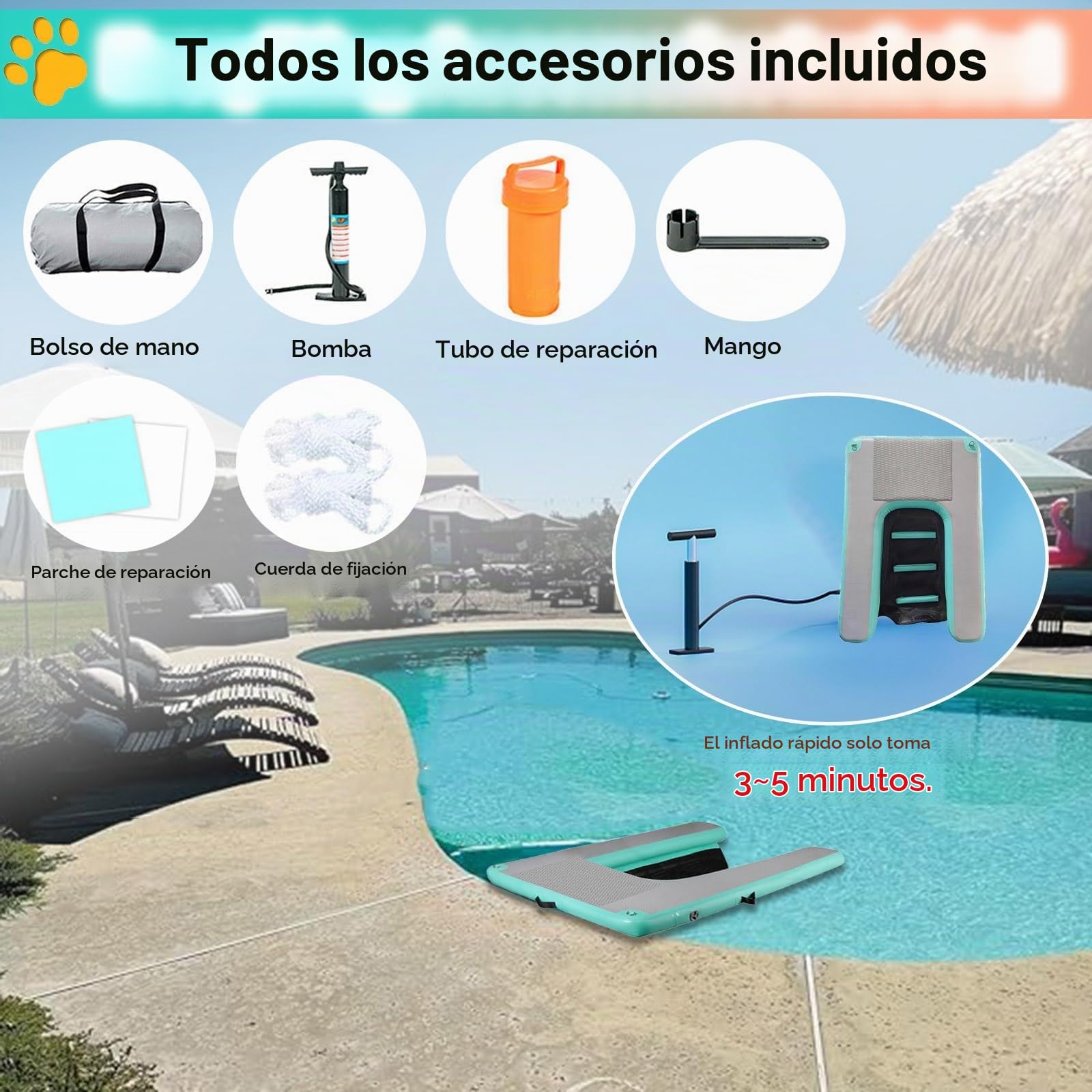 rampa de agua para perros Rampa plegable para piscina para perros, pequeña, Hasta 60 kg Inflable Pontón para perros Plataforma de muelle, Reutilizable Escalera de agua para rampa para mascotas Para ba