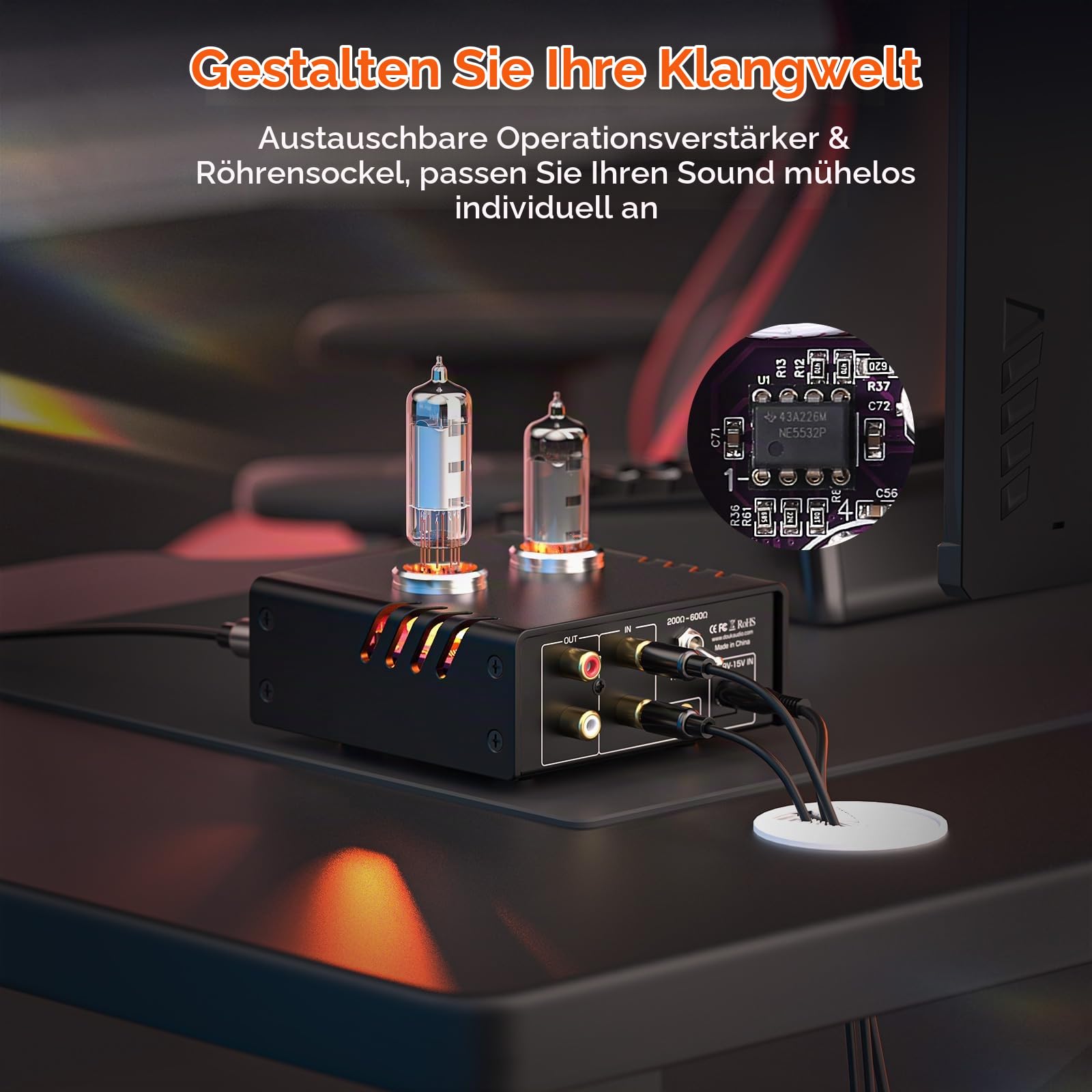 Douk Audio Mini Röhren Kopfhörerverstärker: Desktop Stereo HiFi-Vorverstärker mit 4,4/6,35-mm Buchse, Unterstützt 16-600 Ohm Impedanz (Aluminiumlegierung)