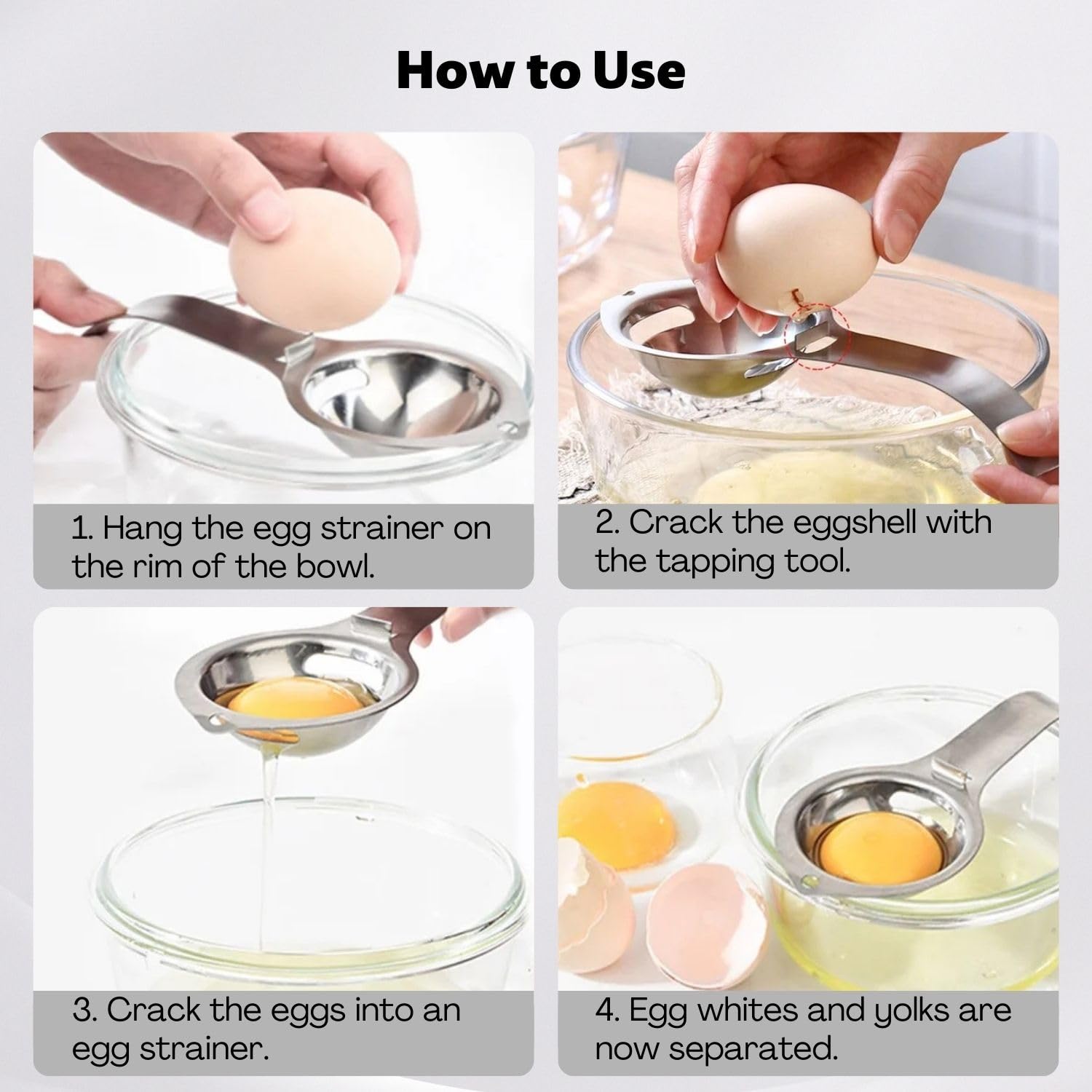 Separador de huevos de acero inoxidable con mango alargado, separador de yemas y proteínas para una separación precisa, prácticos accesorios de cocina y horneado para cocinar y hornear