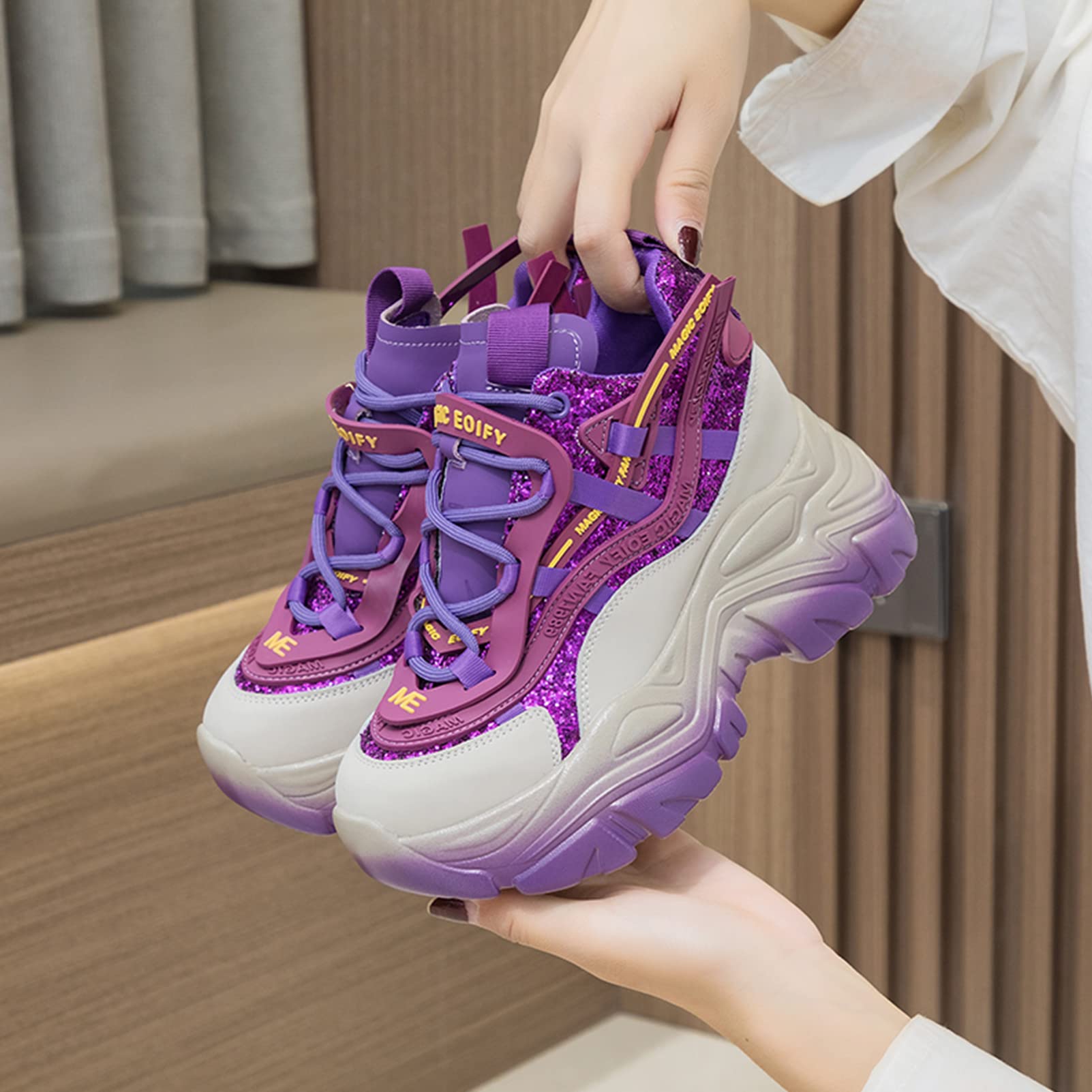 ANUFER Mujer Plataforma Alta Zapatillas Chunky Brillante Lentejuelas Moda Tacón de Cuña Zapatillas Deportivas