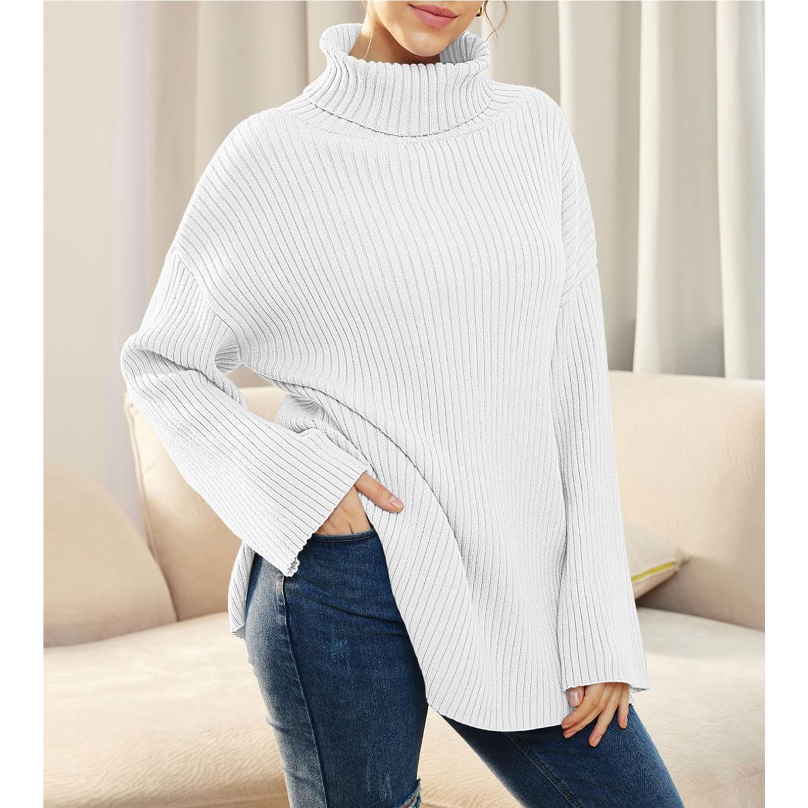 Greabuy Maglione a collo alto oversize alla moda da donna maglione a costine felpa per donna maglione casual camicie da donna maglioni da donna felpe leggere in maglia, Verde militare, L