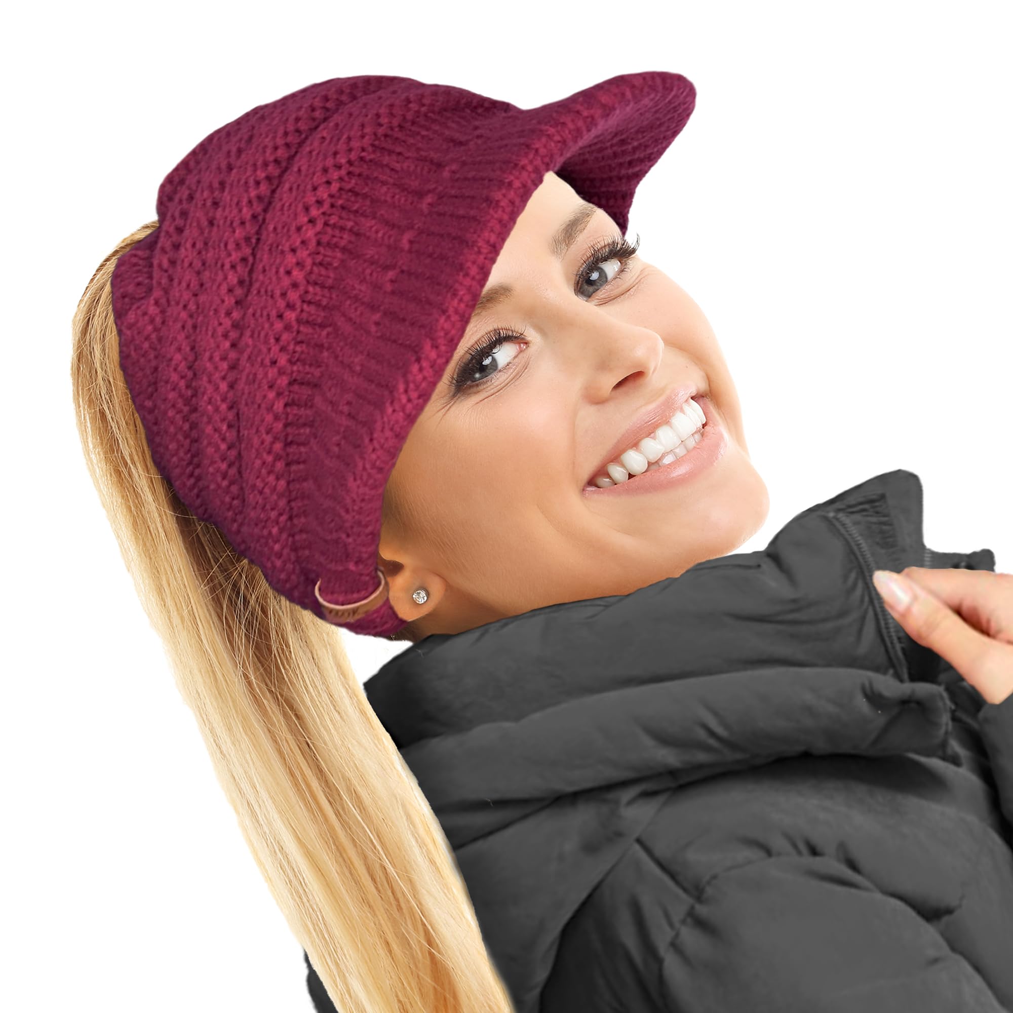 Toskatok Women's Morello Slouchy Peaked Ponytail Messy Bun Knitted Beanie Hat Cap