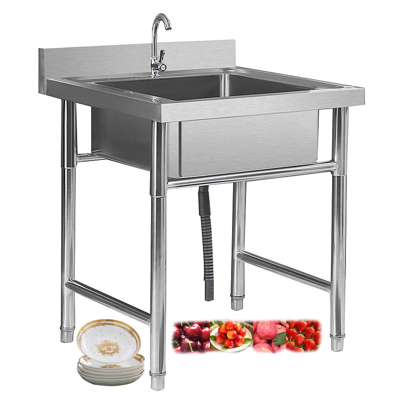 ZQFHSX 304 Stainless Steel Kitchen Sink with Faucet Free Standing Bathroom Single Bowl for Indoor Outdoor Restaurant,Bar,50cm/60cm