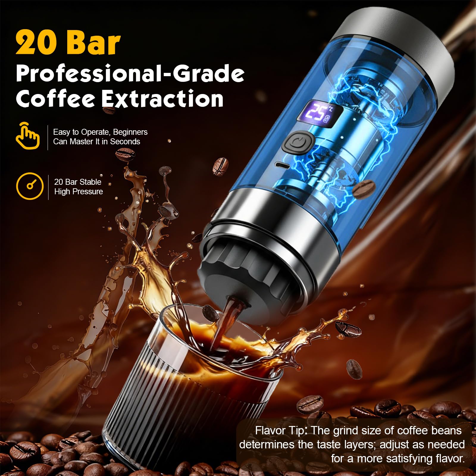 Machine à expresso portable 3 en 1 avec batterie – 20 bars, extraction à froid/chaud, compatible avec capsules et café moulu, USB C, mini machine à café pour camping, voiture, bureau et voyage