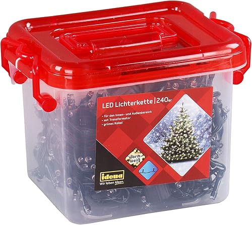 Idena 31816 - Cadena de luces LED con 240 LED en blanco cálido, con transformador, en caja de plástico, para uso interio