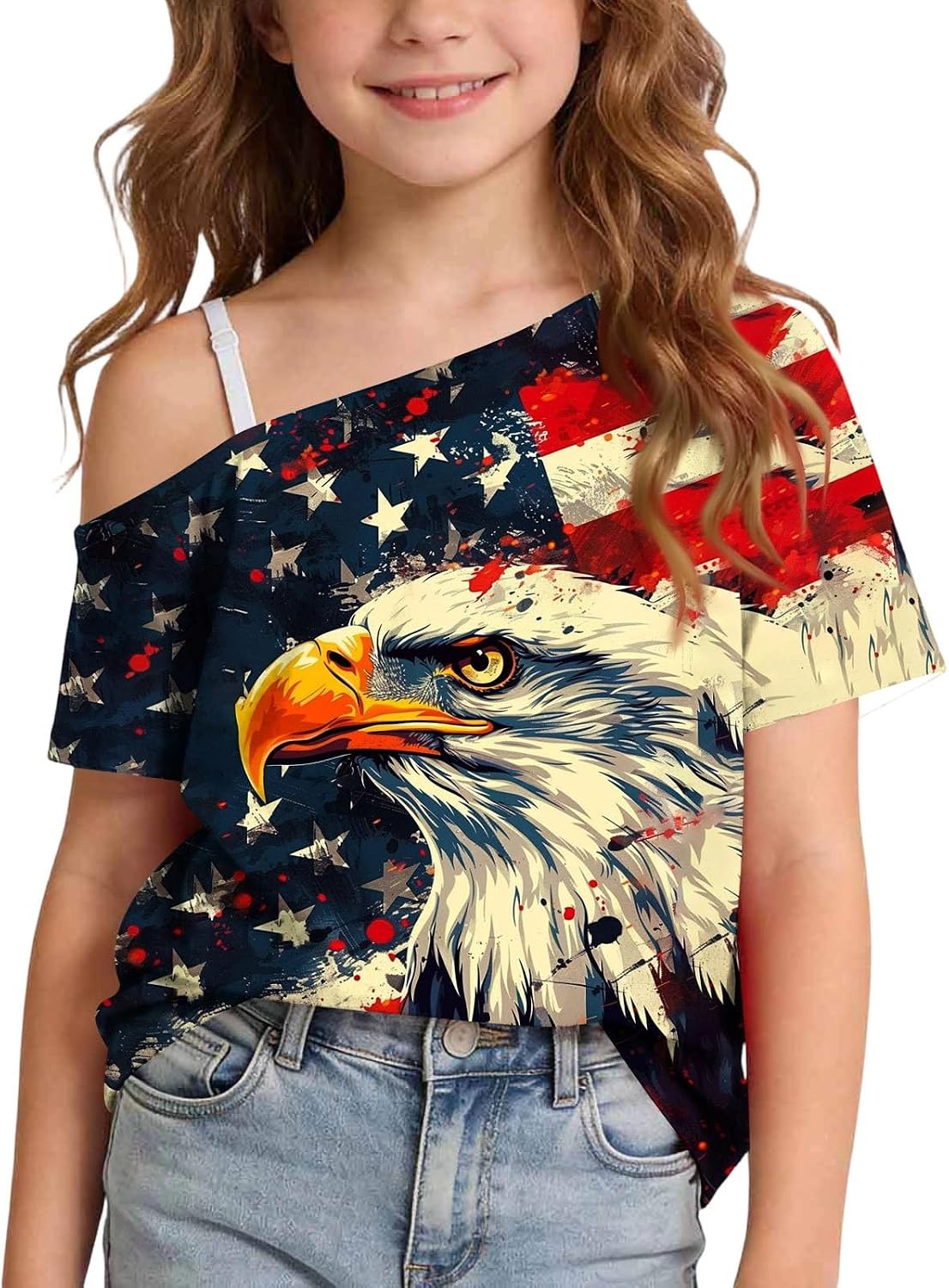 One Cold Shoulder Patriotic Tops for Girls USA Flag Stars and Stripes Graphic Print Short Sleeve 4th of July Tee Shirts